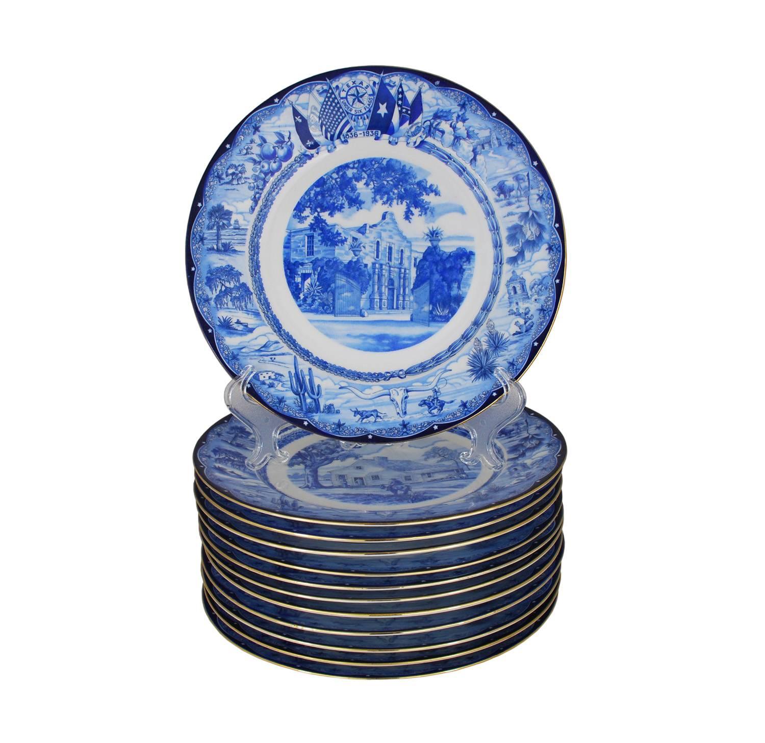 An amazing rare, full set of of commemorative porcelain cabinet plates from the 1936 Texas Centennial Celebration.

Vivid blue high quality transfer on white ground with 14-karat gold edge trim. Each plate features a different historically