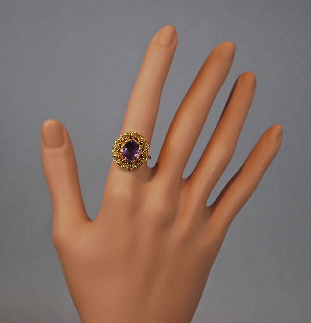 French Rare Georgian Antique Gold Amethyst Ring Cannetille, circa 1830