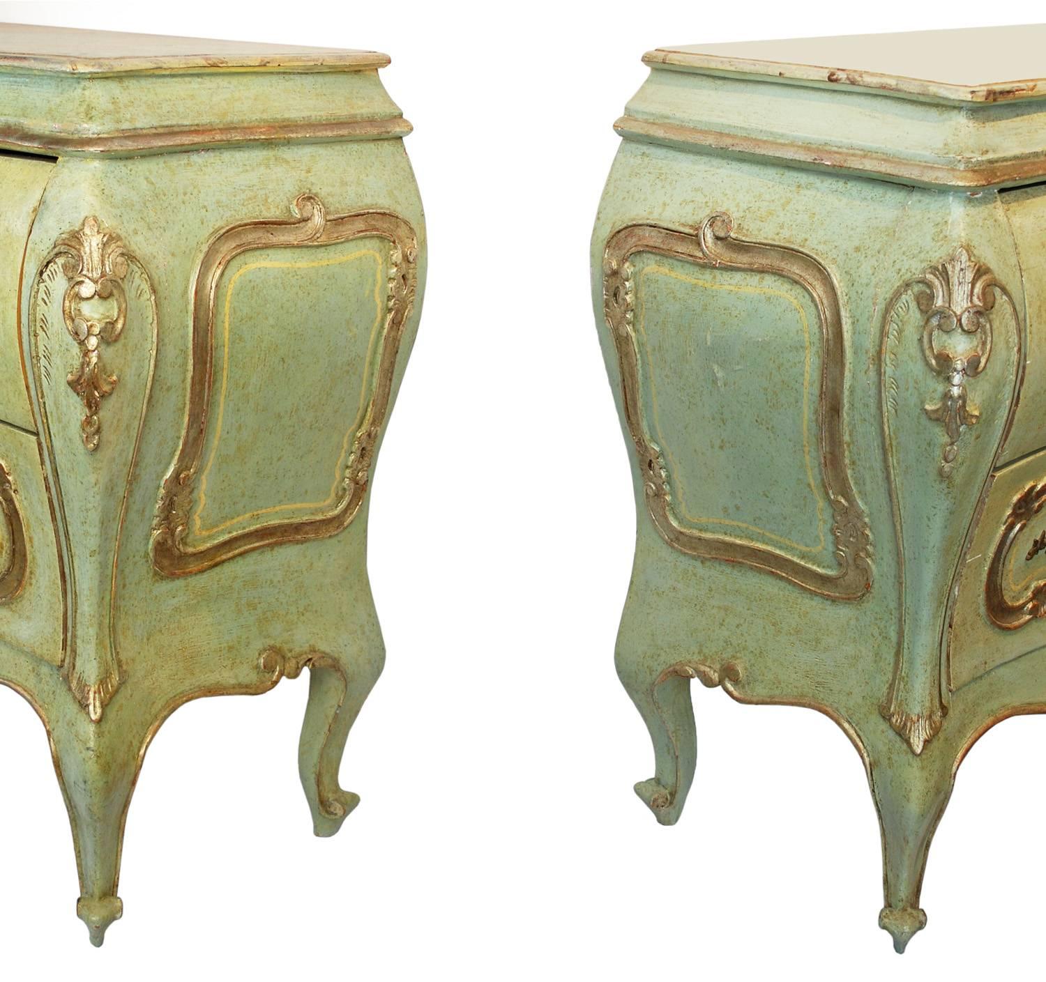 Louis XV Venetian Pair Bombe  Chests of Drawers Commode Painted, circa 1960
