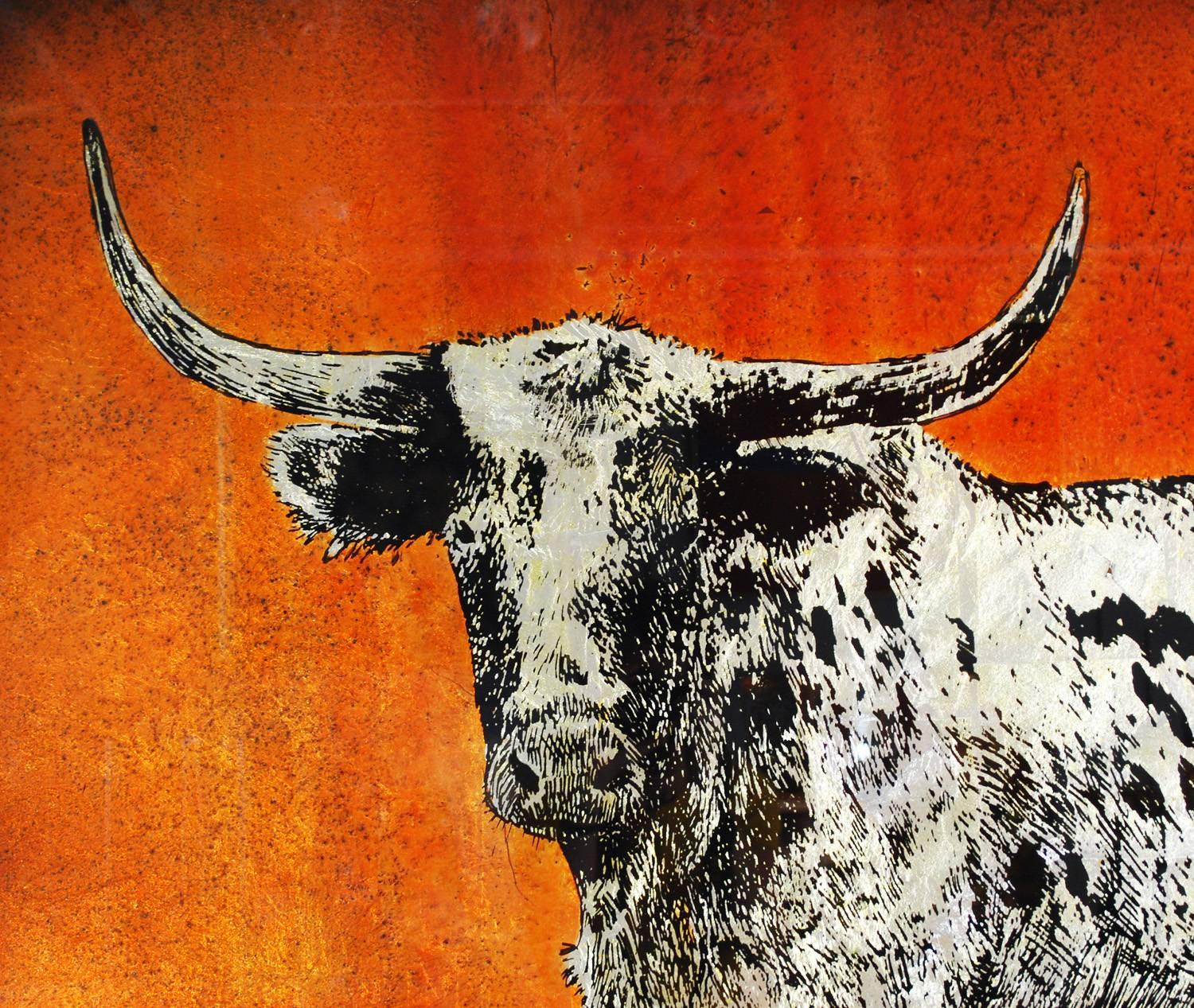 Magnificent and rare silver leaf and reverse glass painting of a longhorn by respected artist Jack White. The glass is back painted in black with silver leaf is affixed on the back. This process creates phenomenal glow, color and texture throughout