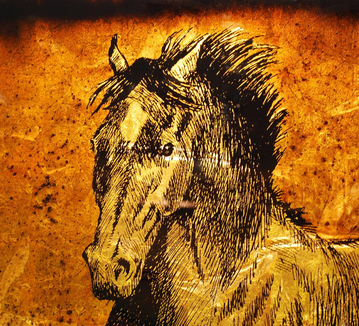 A brilliant and substantial reverse glass and gold leaf painting of a horse by respected artist Jack White. 

Gold and silver leaf is affixed on the back and creates phenomenal glow, color and texture throughout the piece.

Jack White was an