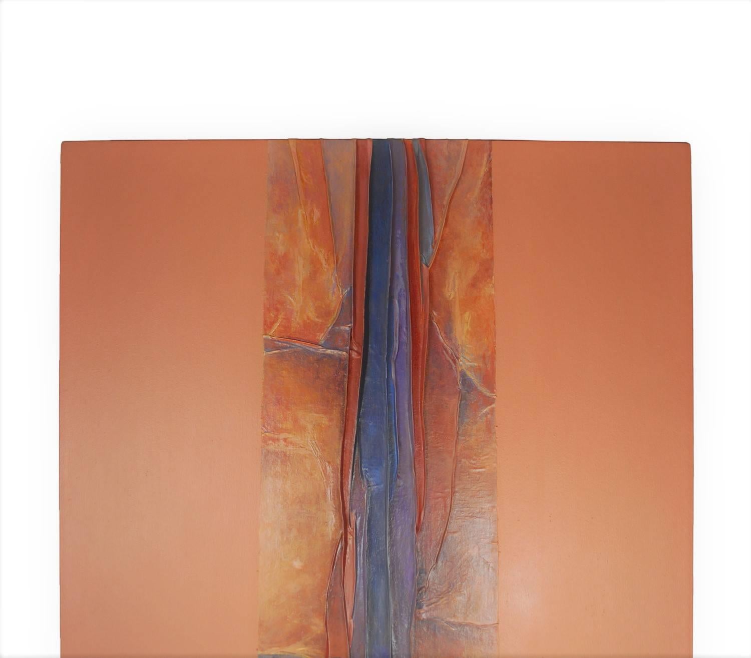 An impressive large mixed-media painting on canvas by Texas artist Vera Simons, ca 1998.

 The gallery wrapped canvas features a wide dimensional band of finer canvas collaged down the centre, pinched and pulled into long grooves that carry a