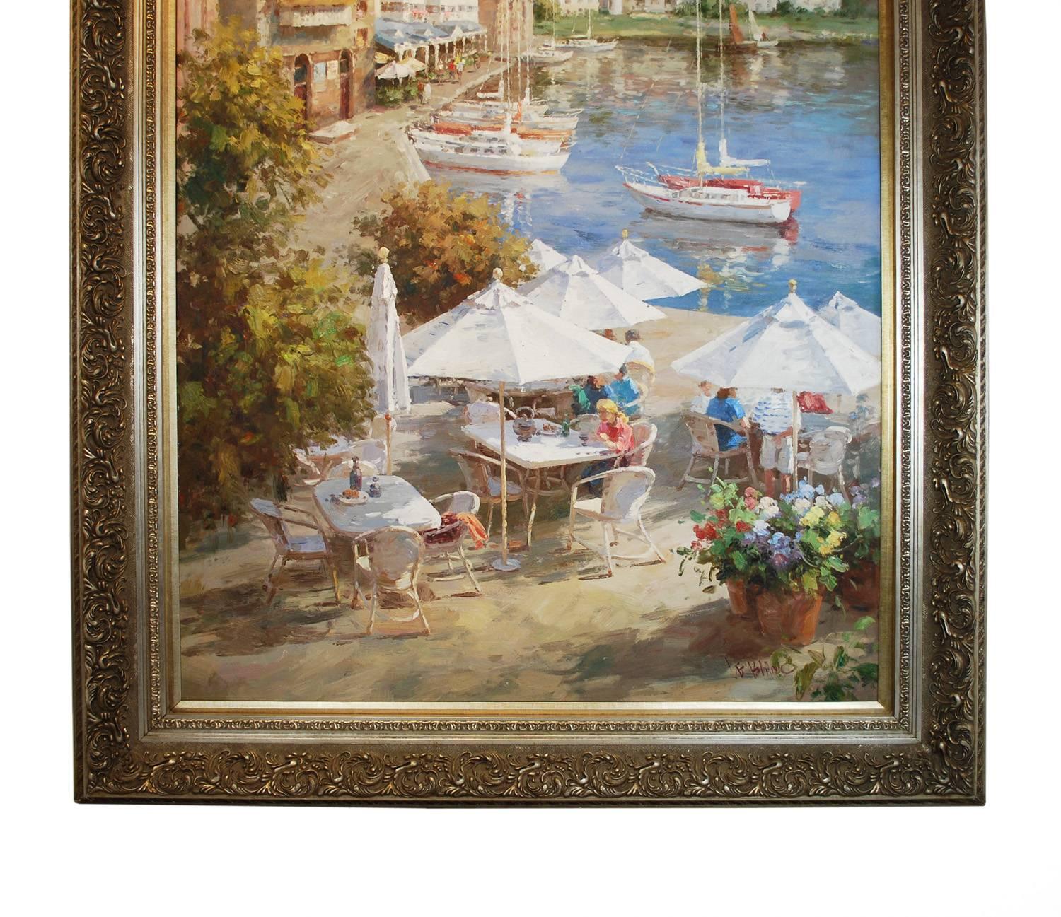 Unknown Oil Canvas Painting Impressionistic Style Harbor Yacht Boat Ocean Landscape