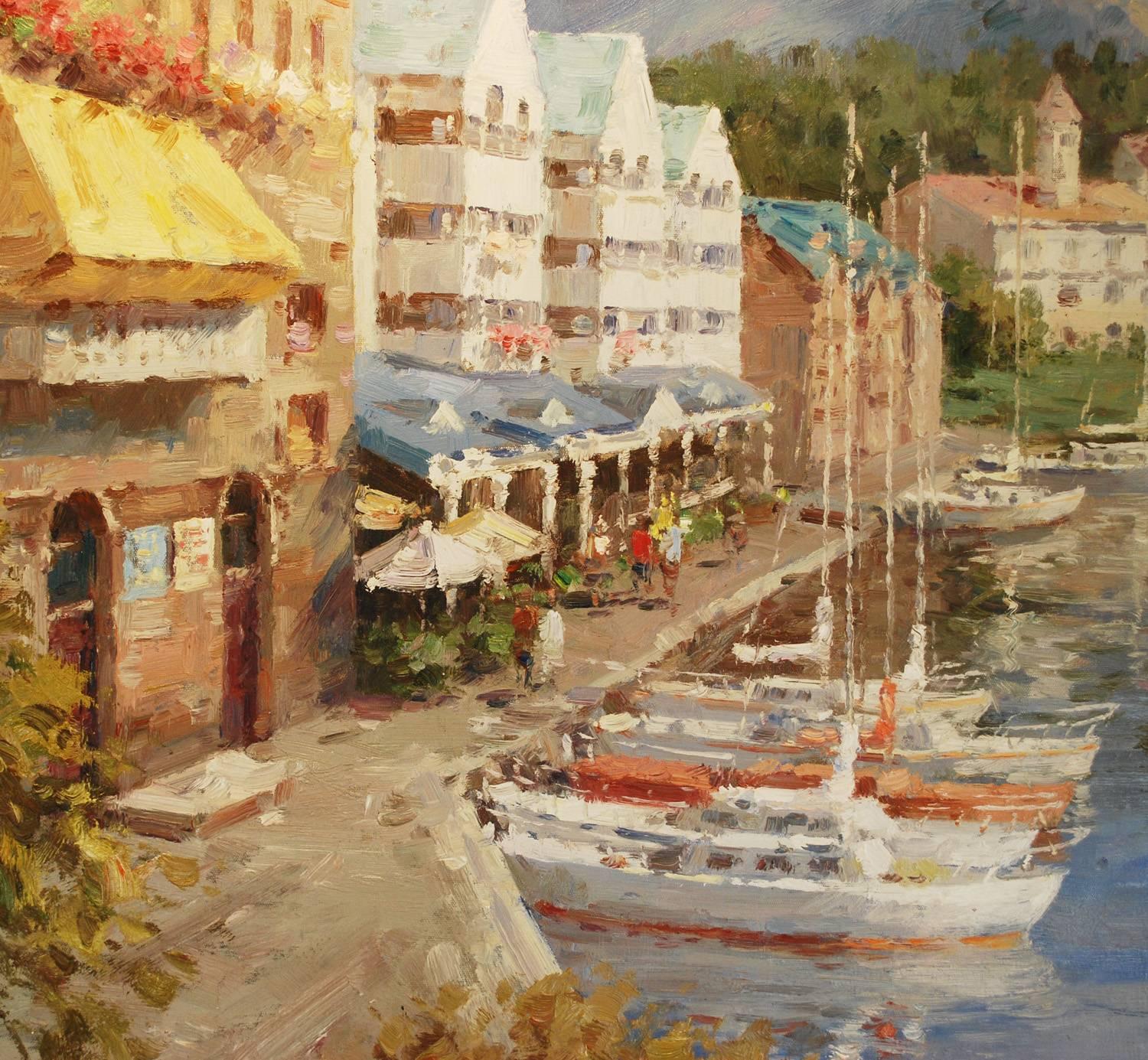 Hand-Painted Oil Canvas Painting Impressionistic Style Harbor Yacht Boat Ocean Landscape