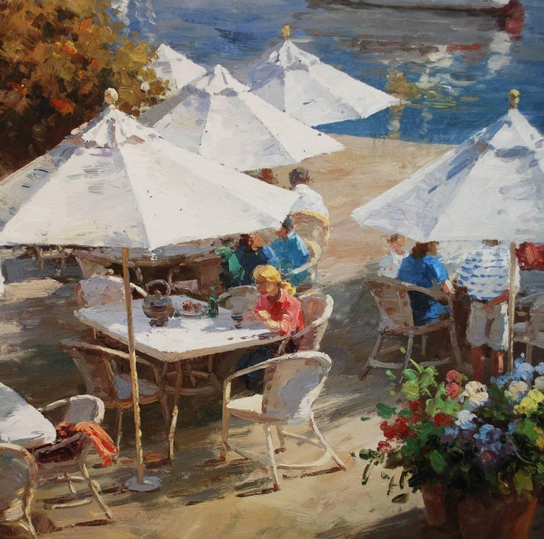 Oil Canvas Painting Impressionistic Style Harbor Yacht Boat Ocean
