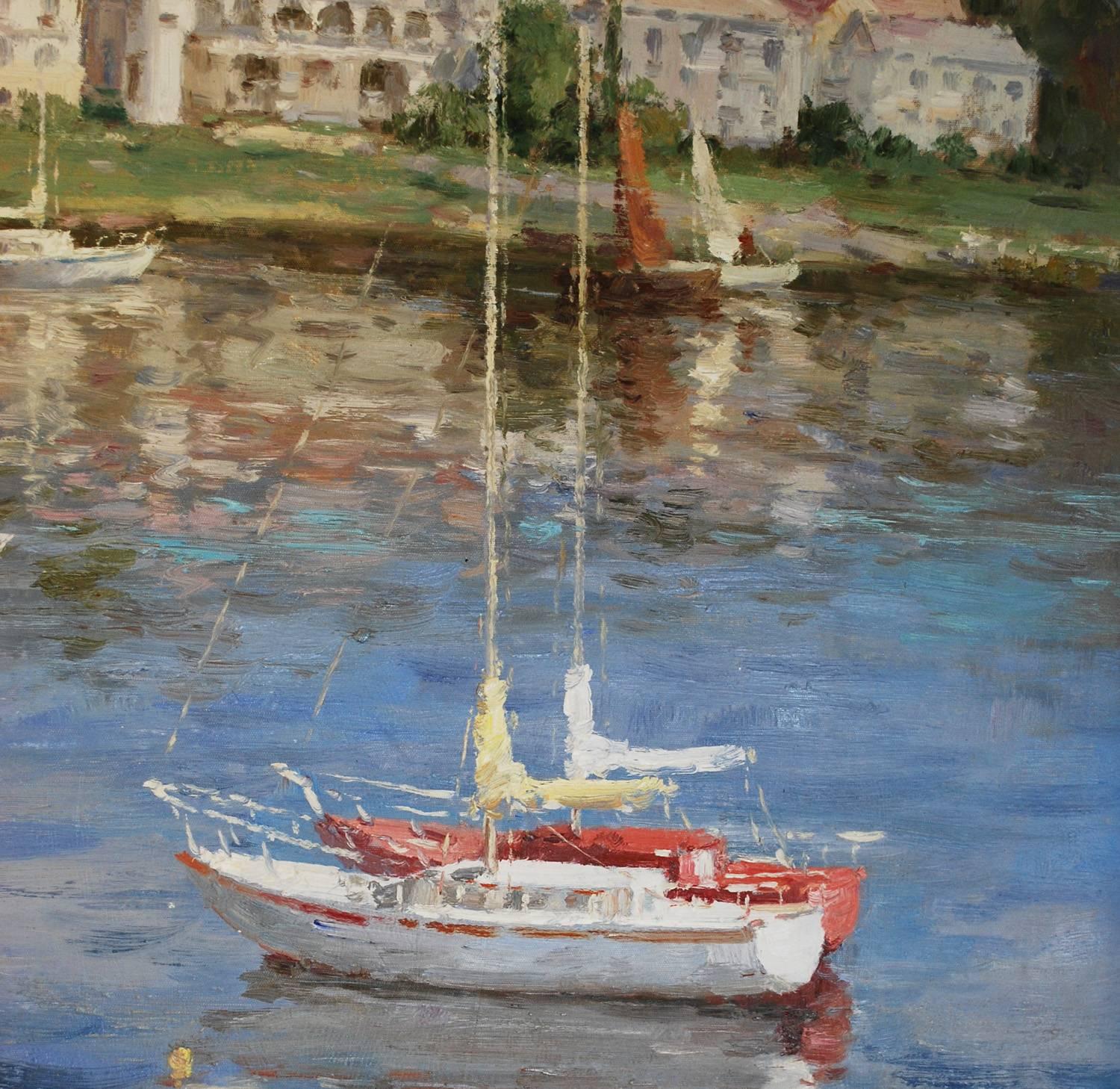 Contemporary Oil Canvas Painting Impressionistic Style Harbor Yacht Boat Ocean Landscape