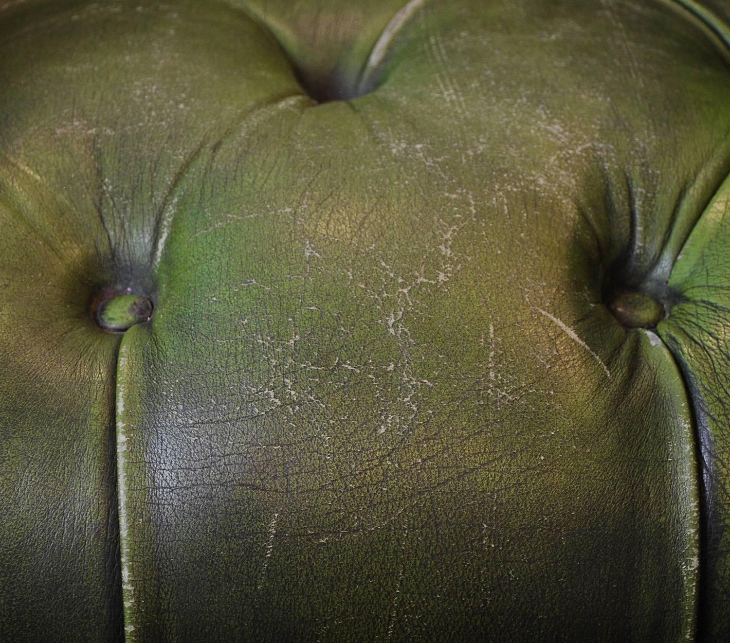 Vintage Chesterfield Club Armchair Green Leather In Fair Condition In Austin, TX