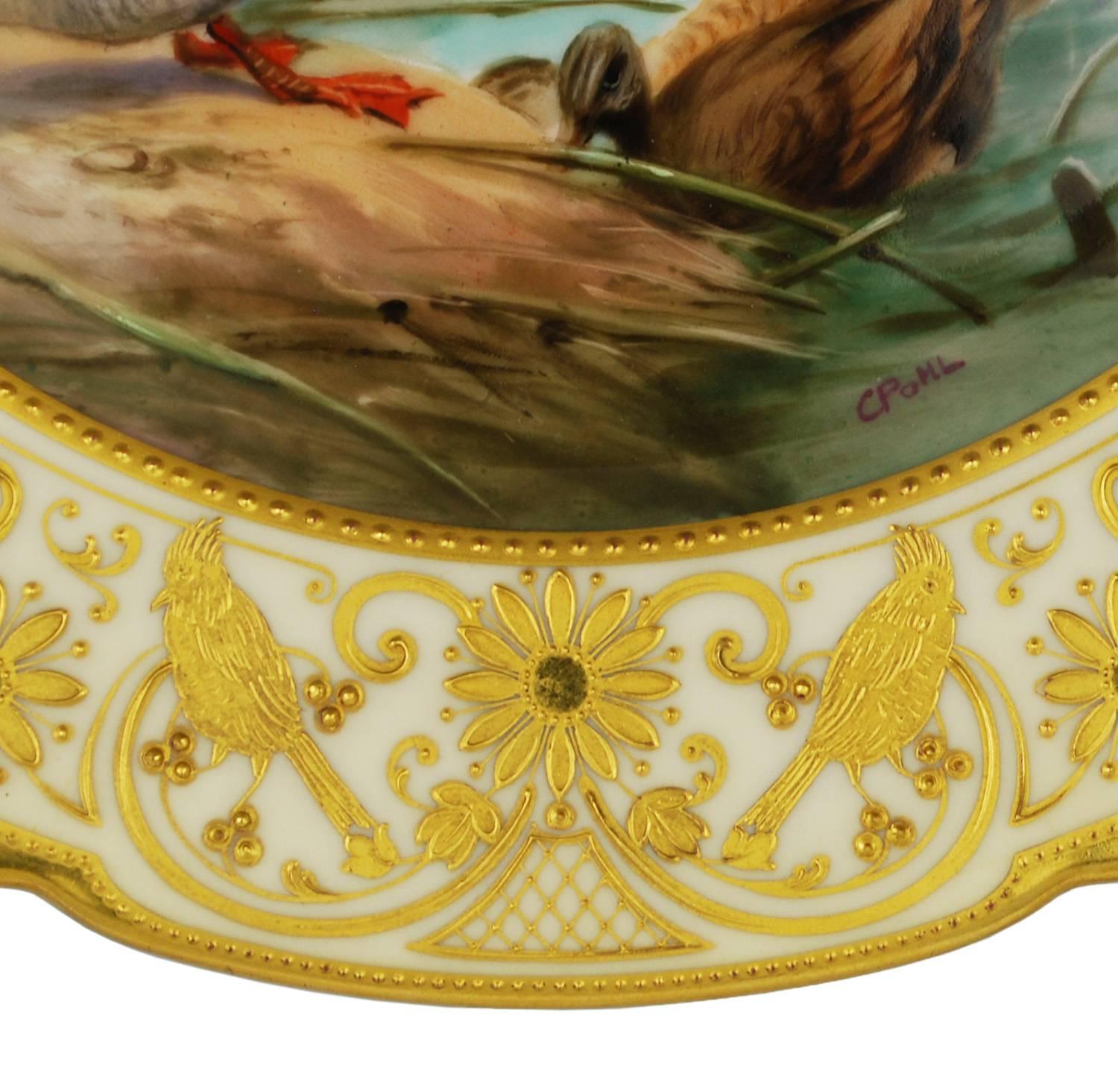 German Antique Cabinet Game Bird Plate Hand-Painted Gilt Attributed to Lamm Studio