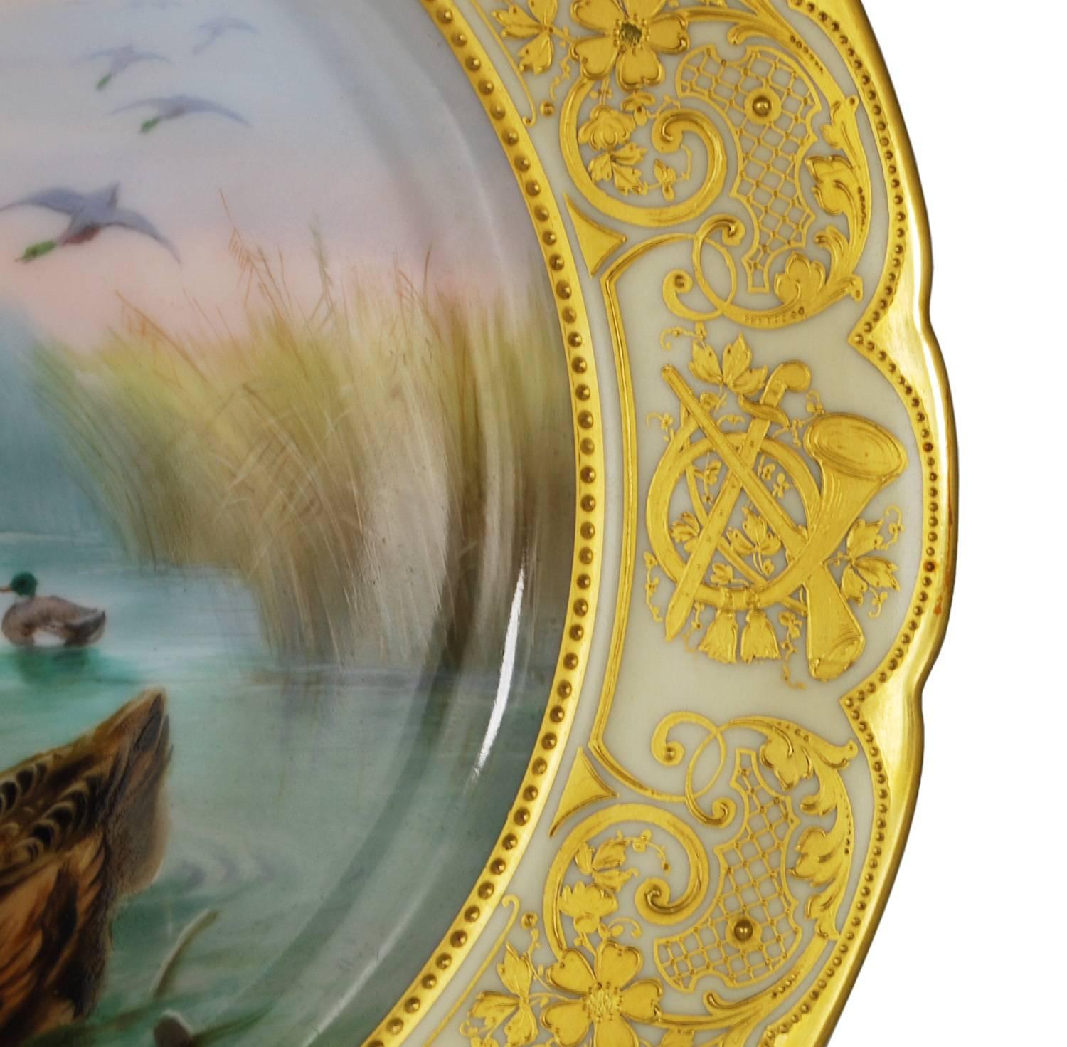 Antique Cabinet Game Bird Plate Hand-Painted Gilt Attributed to Lamm Studio In Fair Condition In Austin, TX