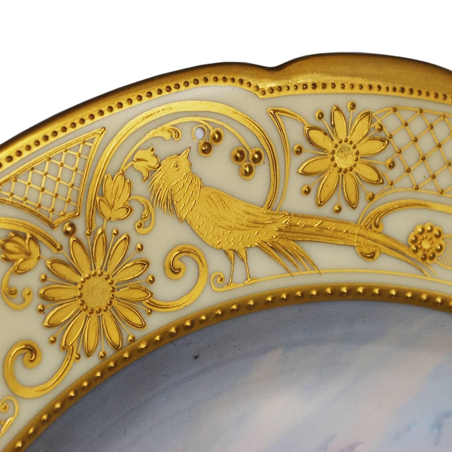 Mid-20th Century Antique Cabinet Game Bird Plate Hand-Painted Gilt Attributed to Lamm Studio
