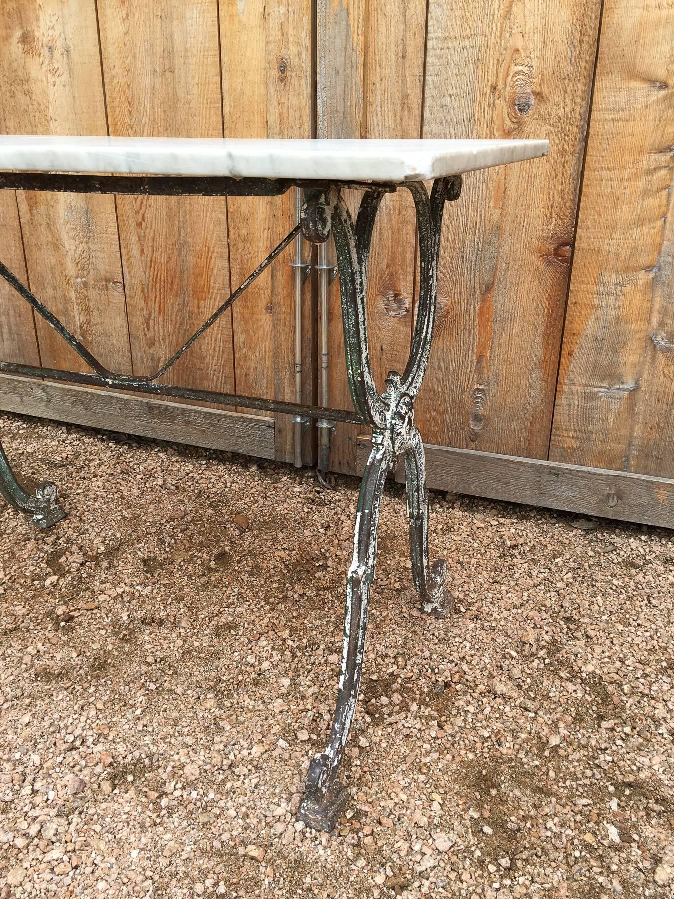 French garden table with marble top from Toulouse. Metal base with nice color and patina.