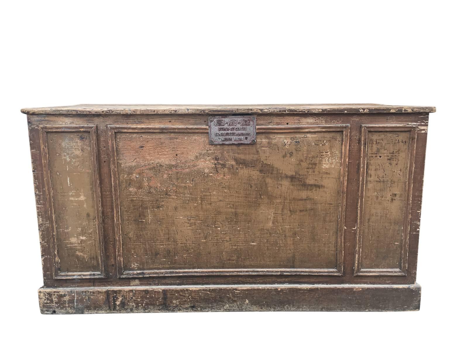 Primitive Belgian shop counter with drawer, circa 1940. Original color and surface.