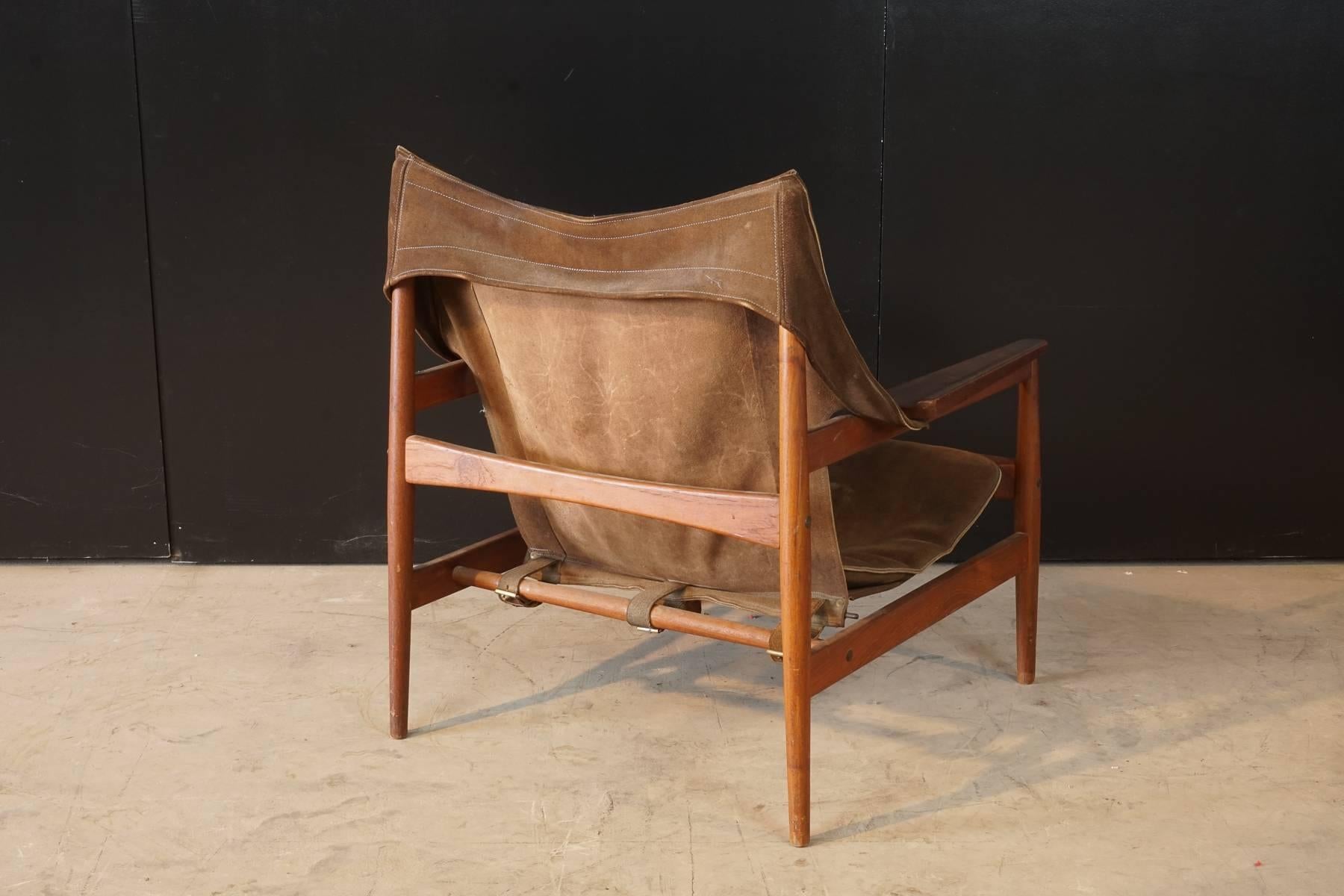 Mid-20th Century Rare Hans Olsen Safari Chair with Suede Leather, Sweden, circa 1960
