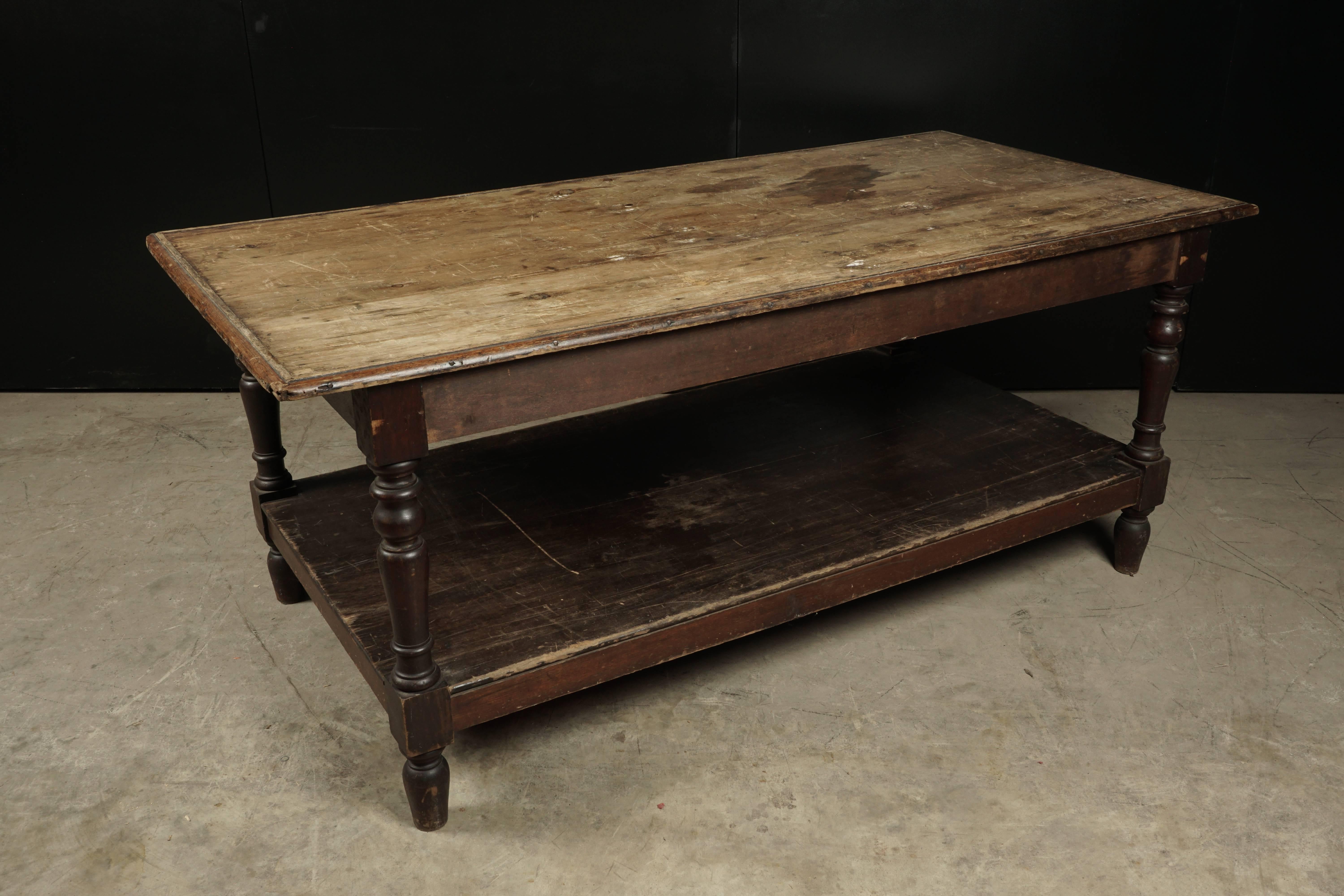 Early American pine shop counter. Original color. Nice wear and patina on the top.