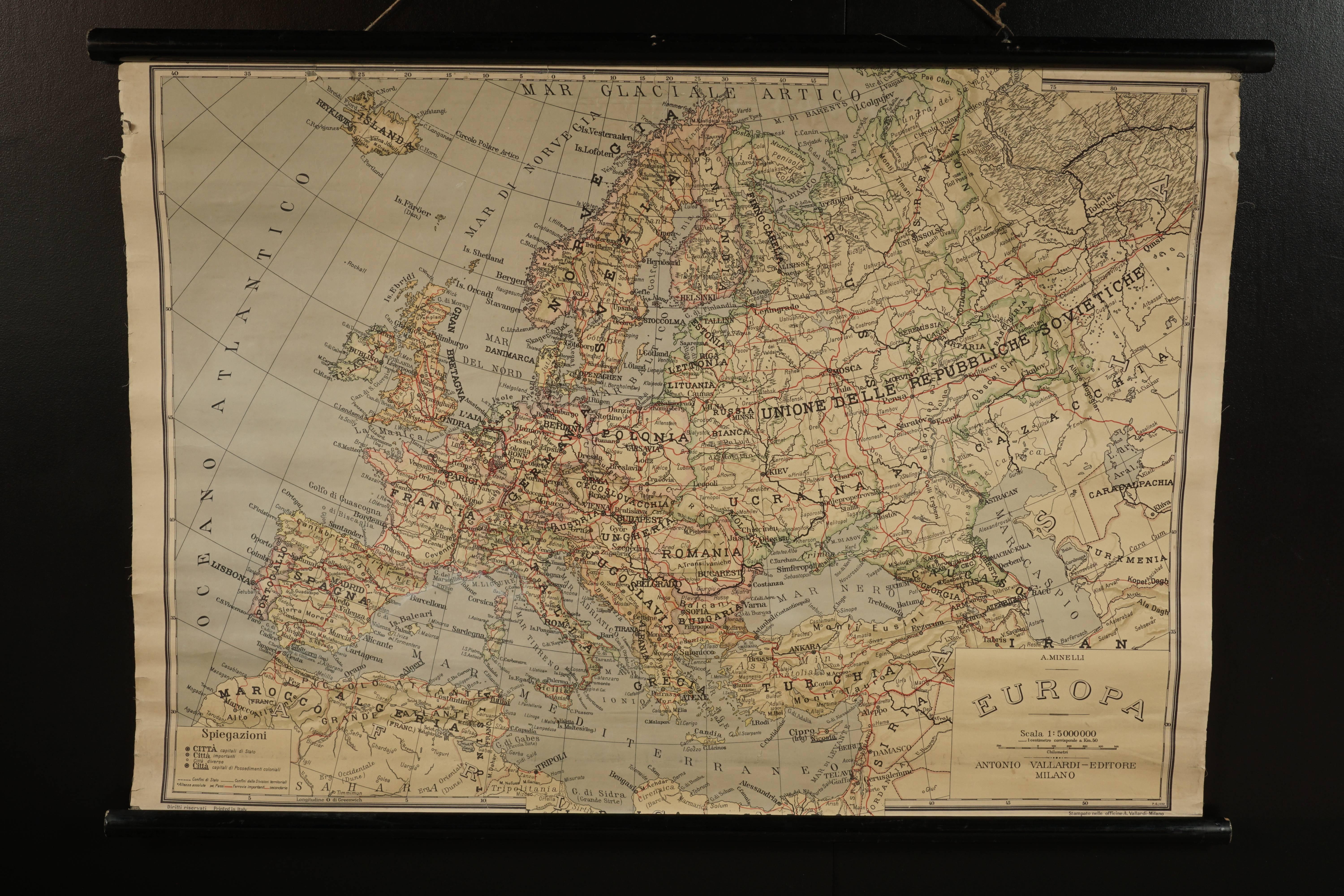 Early European map from Italy, circa 1960. Paper backed on canvas. Made in Milan, Italy.