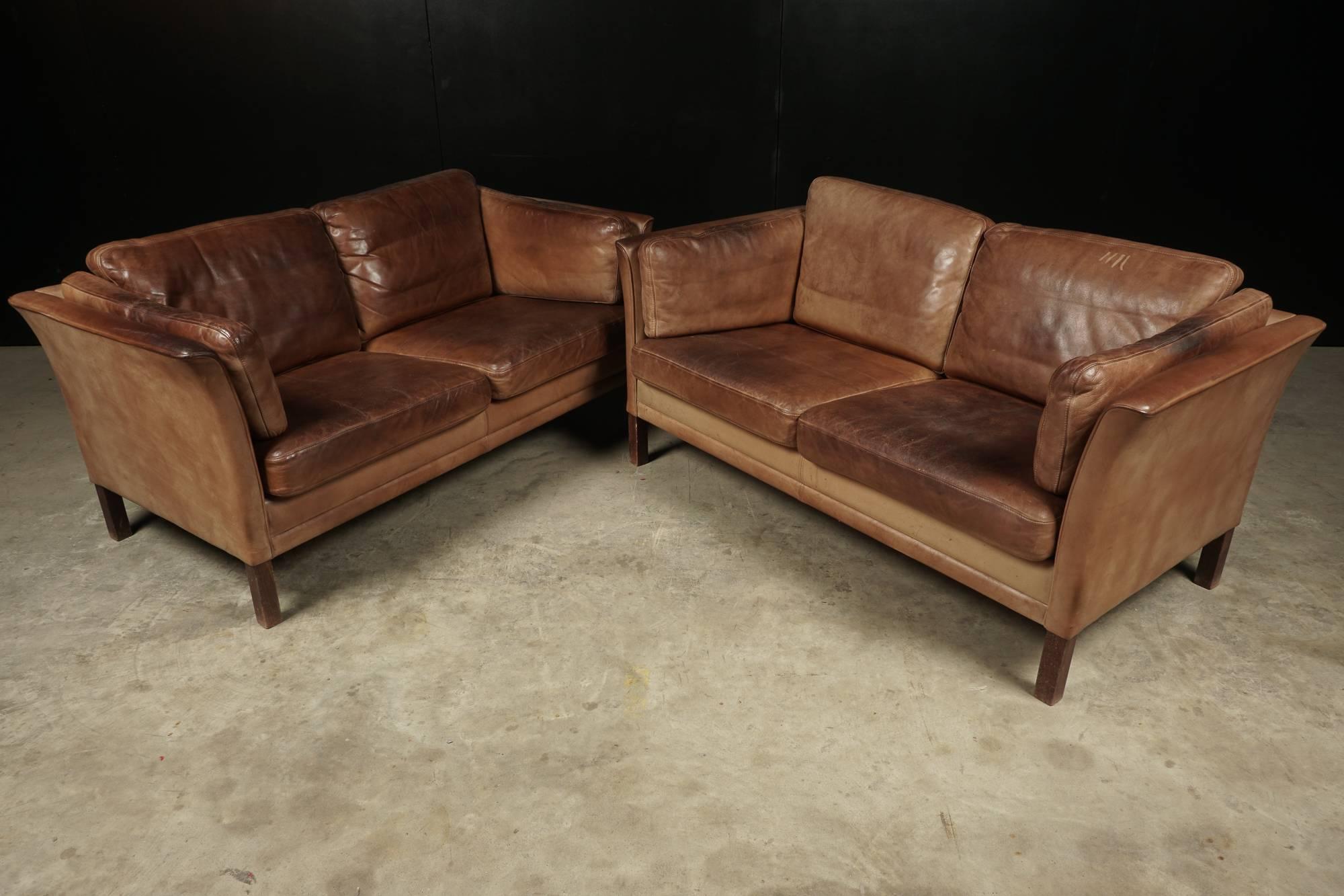 Mid-Century Modern Pair of Two-Seater Leather Sofas from Denmark, circa 1970