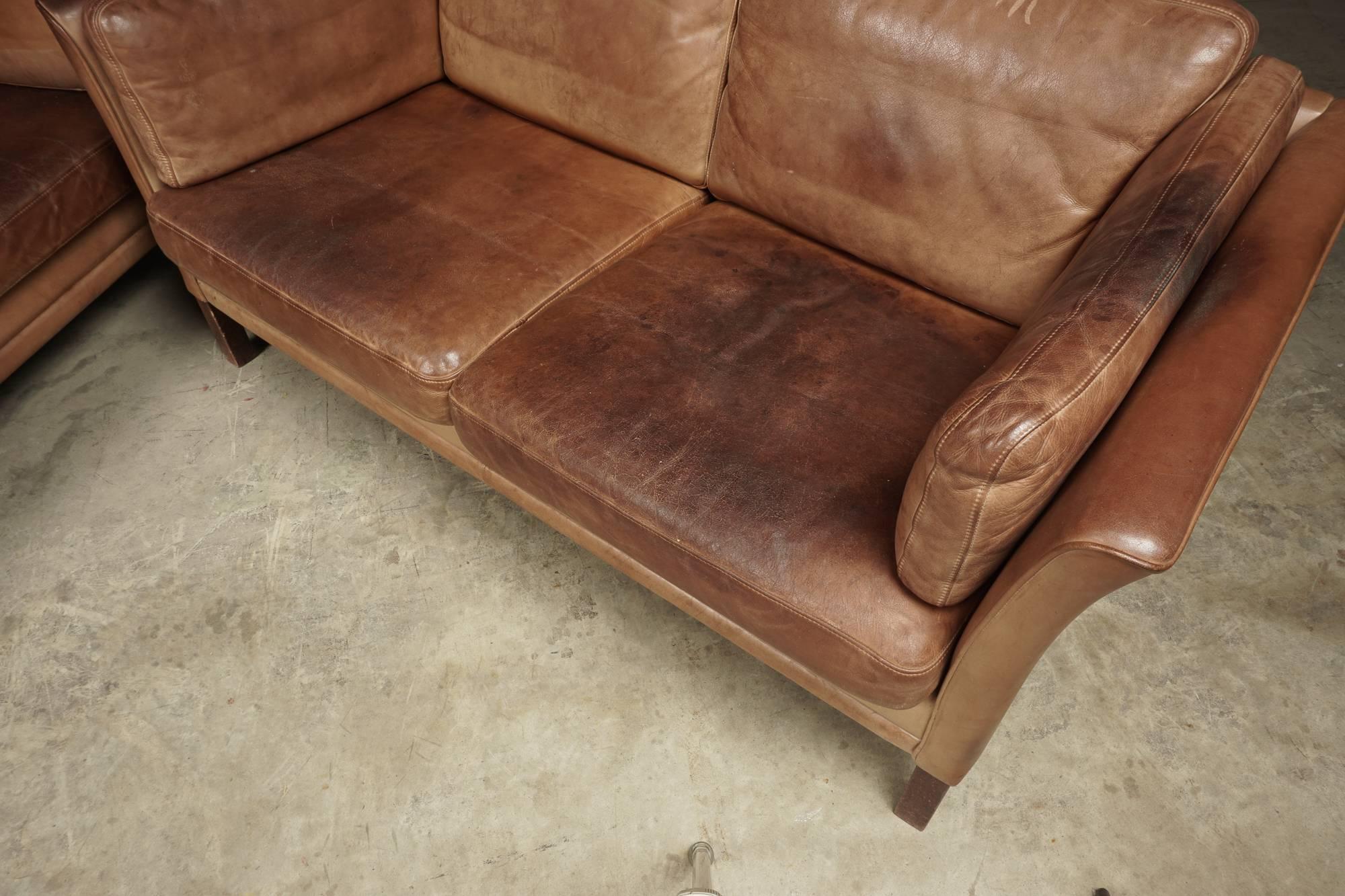 European Pair of Two-Seater Leather Sofas from Denmark, circa 1970