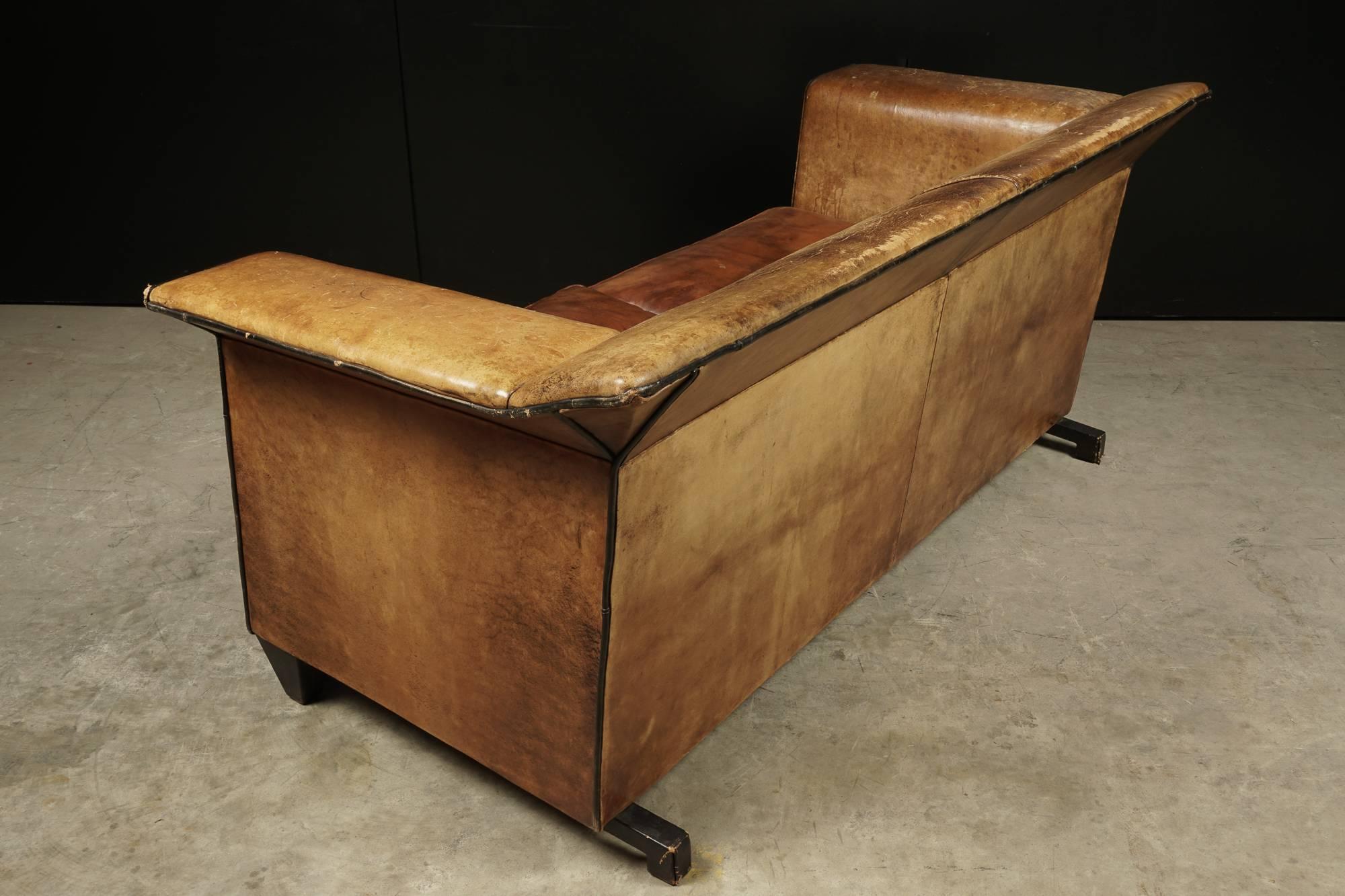 Late 20th Century Rare Midcentury Leather Sofa With Profiled Arms and Feet