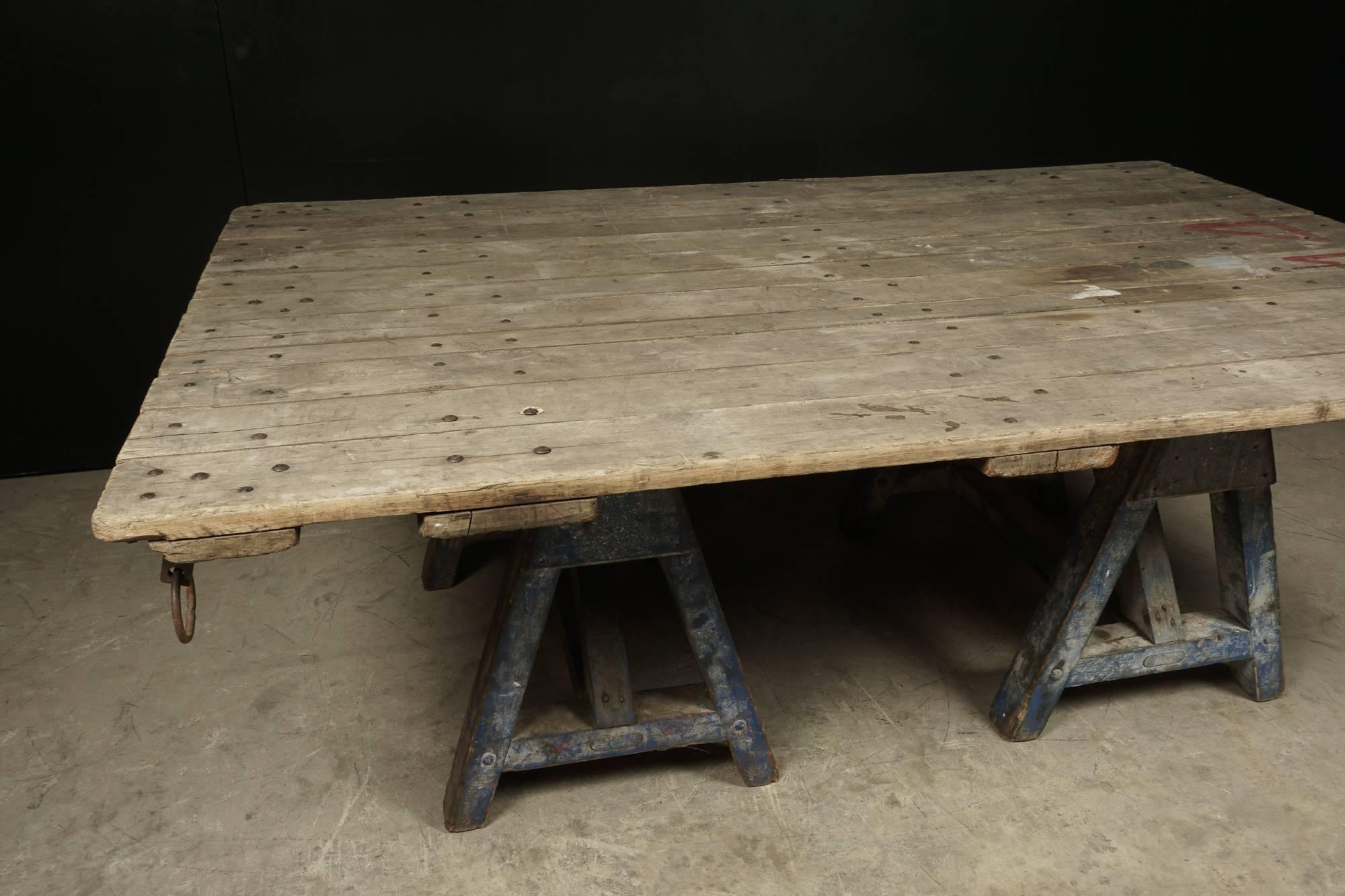 Large Dining Table with Sawhorse Base, circa 1920 In Good Condition In Nashville, TN
