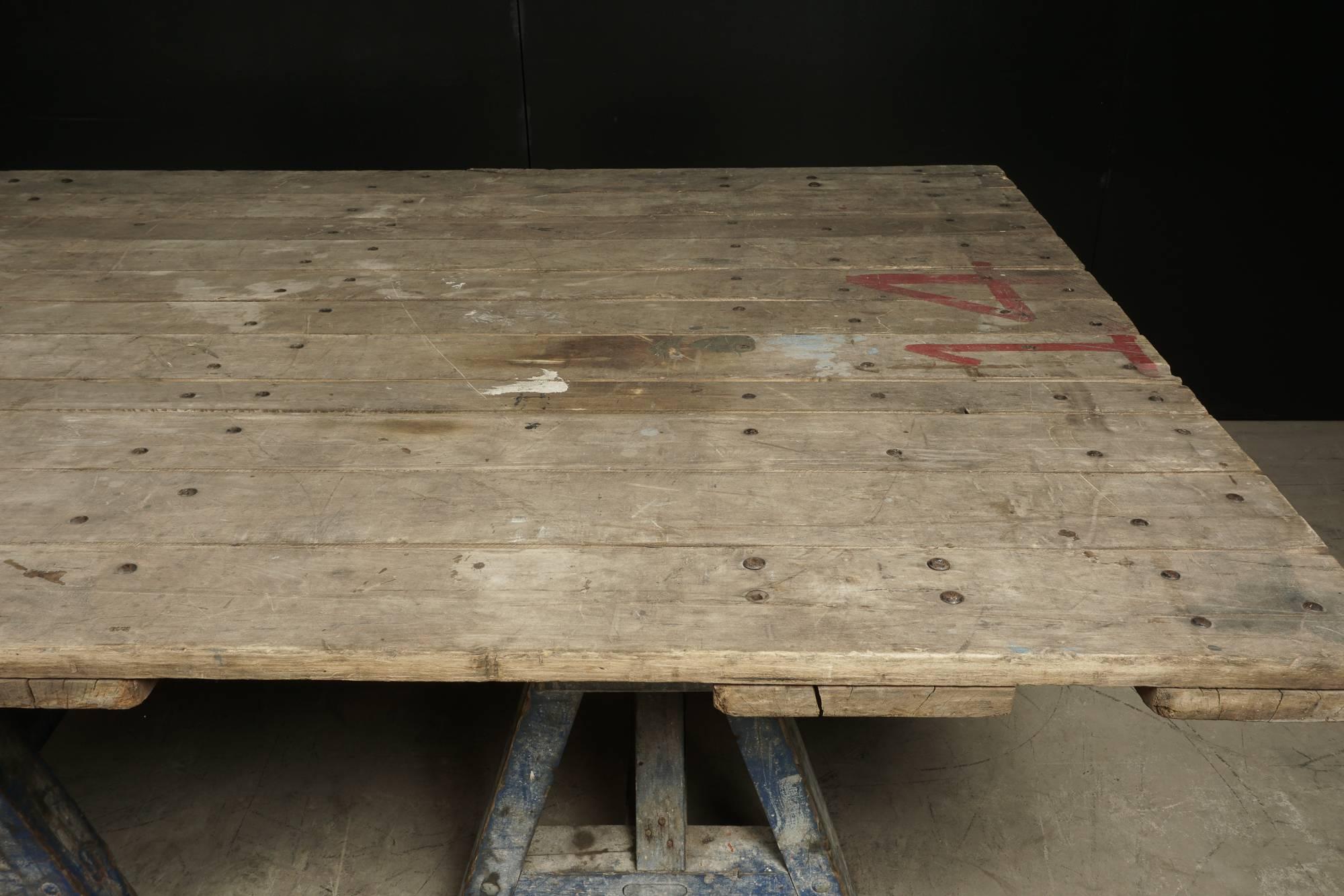 Early 20th Century Large Dining Table with Sawhorse Base, circa 1920