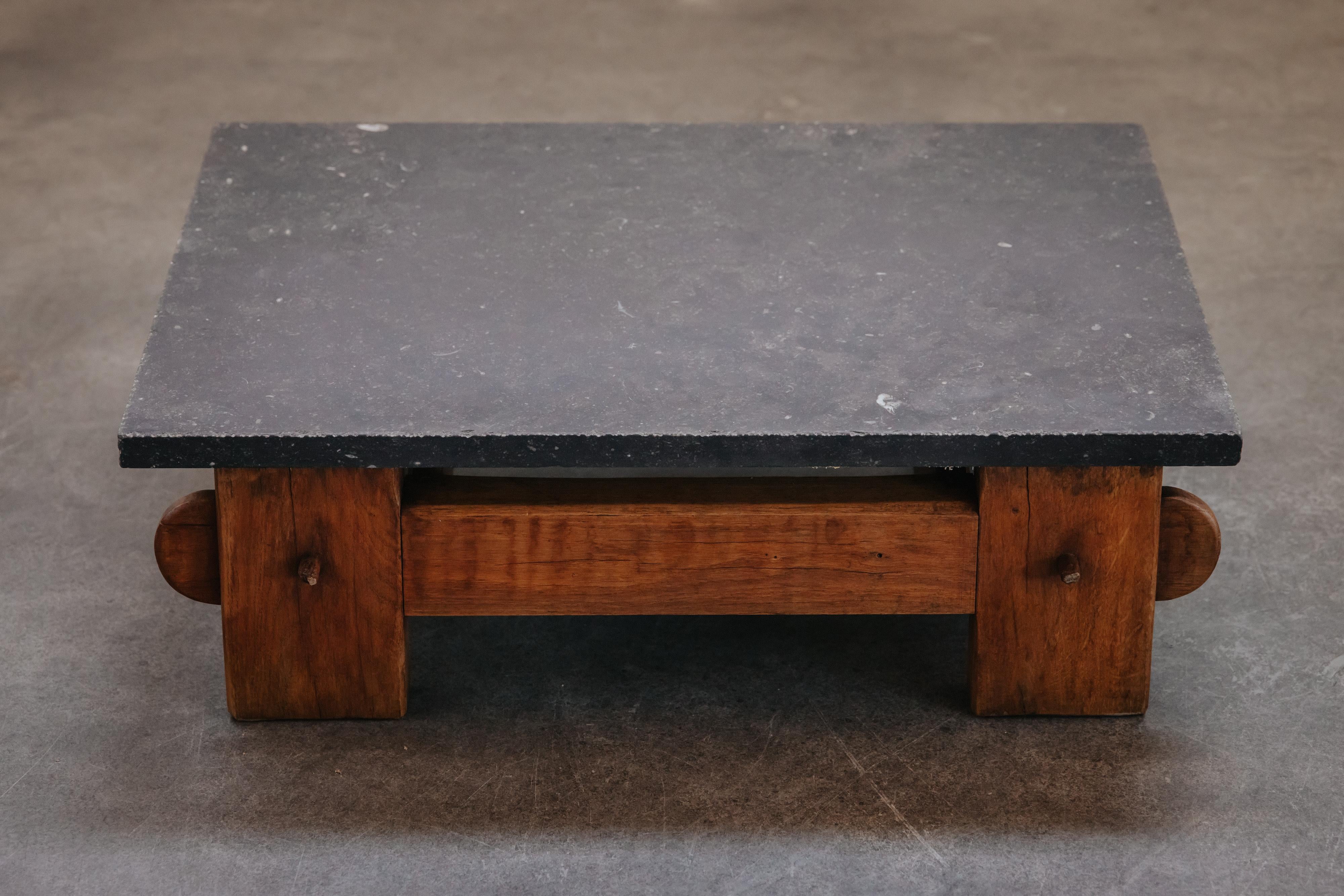 Vintage Stone Coffee Table From France, Circa 1960. Solid bluestone top on a pine base. Nice light patina and use. 