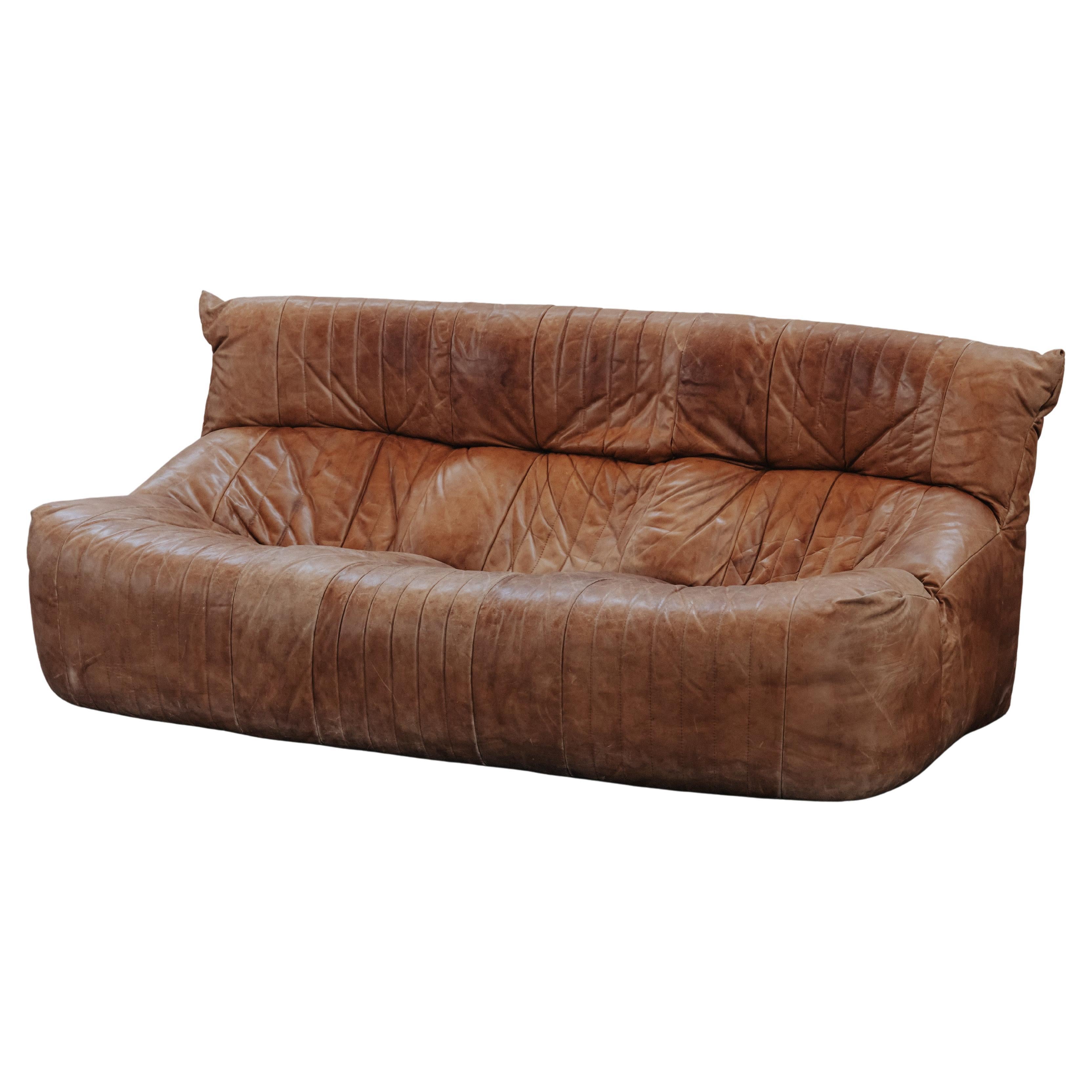 Vintage Leather Ligne Roset Sofa, Model Arelia, Circa 1970 For Sale