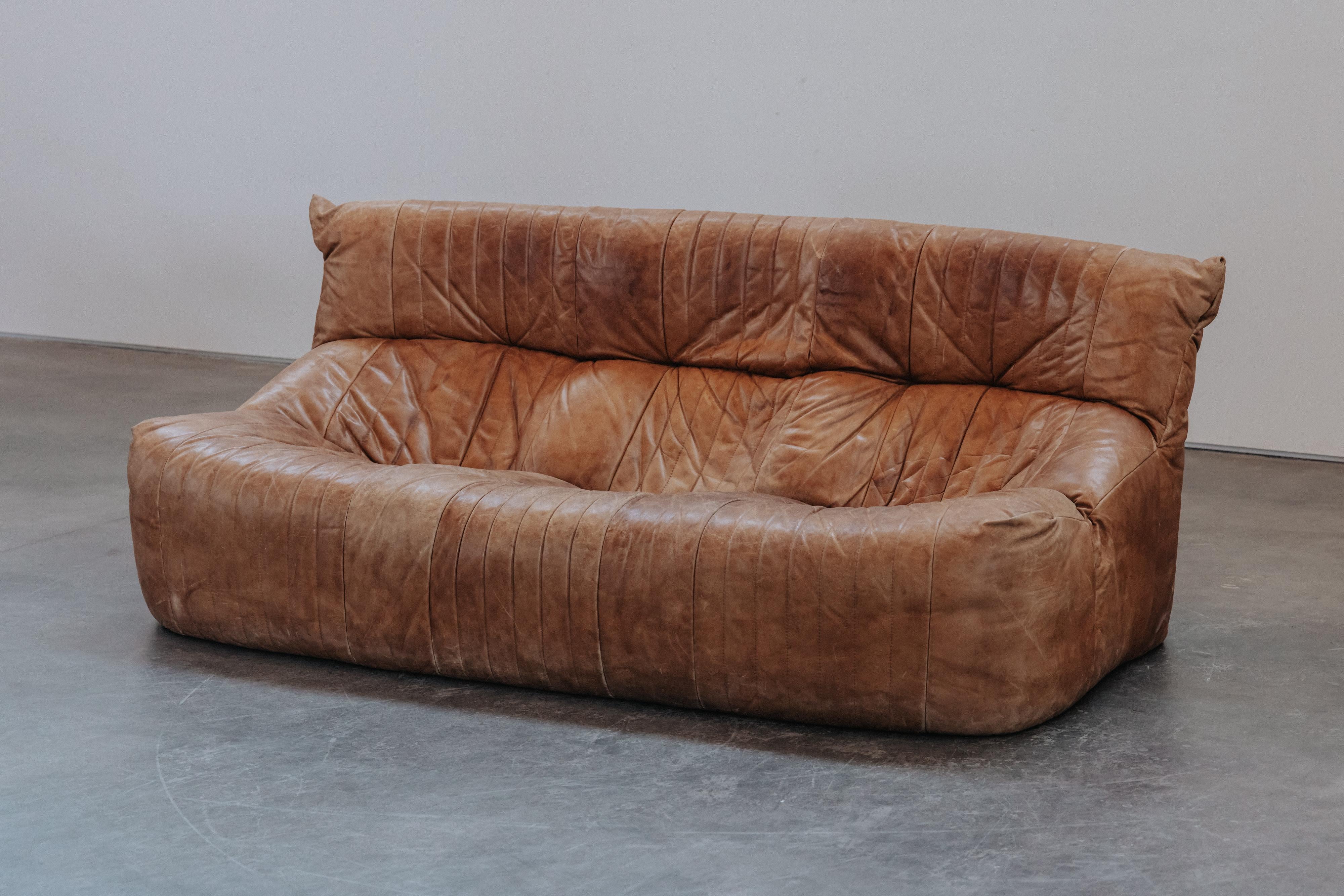 European Vintage Leather Ligne Roset Sofa, Model Arelia, Circa 1970 For Sale