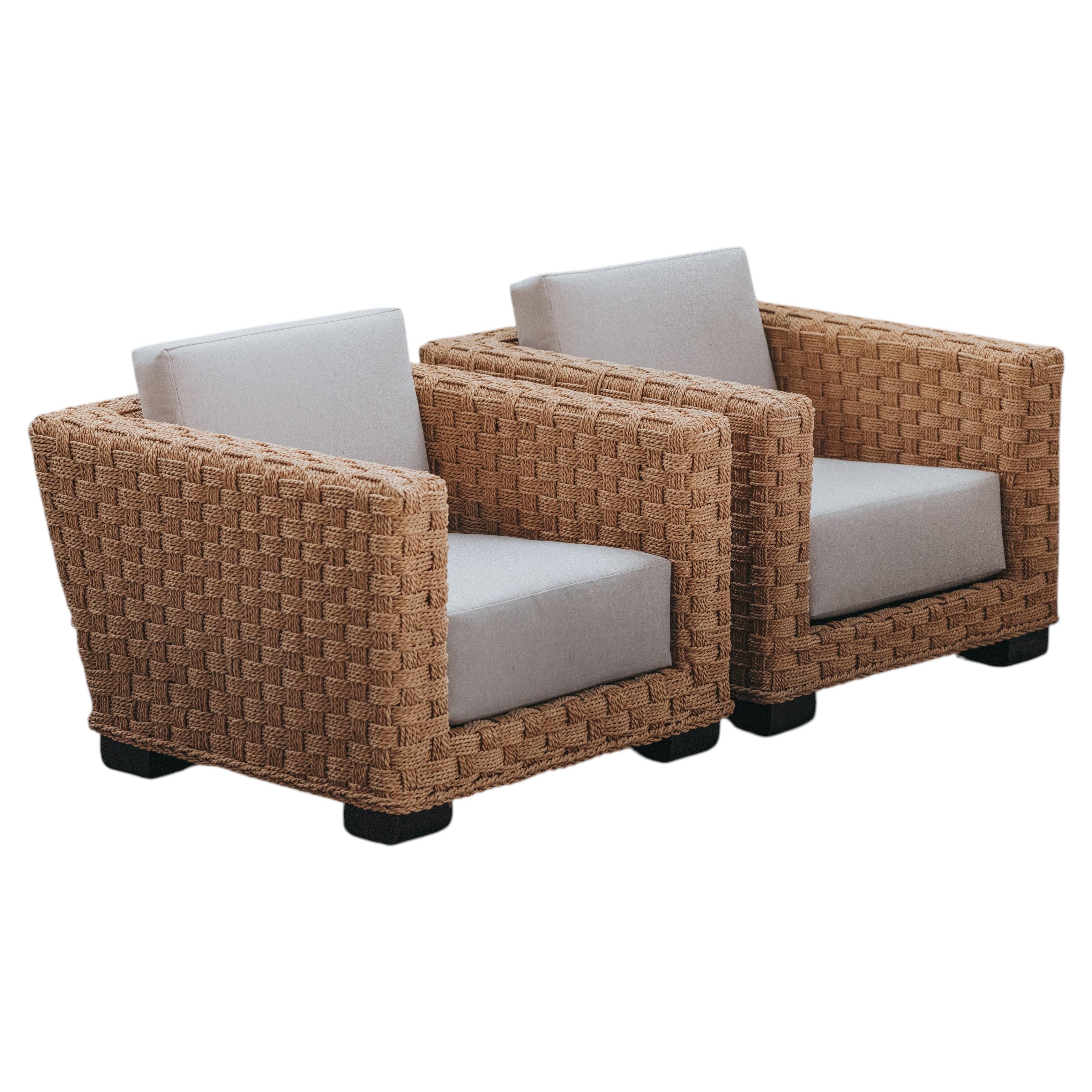 Vintage pair Of Woven Lounge Chairs From France, Circa 1970