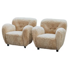 Rare Pair Of Vintage Shearling Cabinetmaker Lounge Chairs From Denmark, 1960s