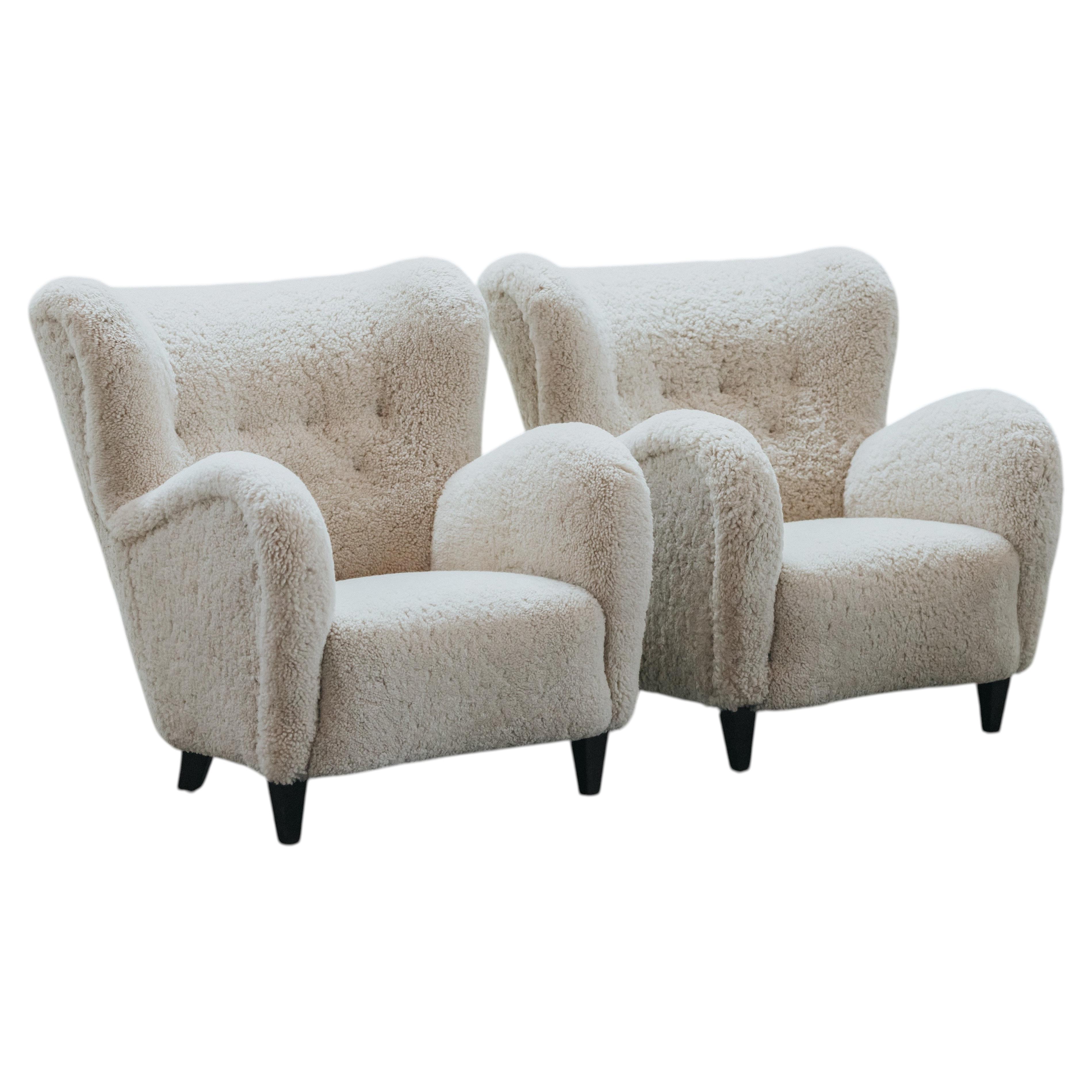 Vintage Pair Of Shearling Cabinetmaker Lounge Chairs From Denmark, Circa 1960 For Sale