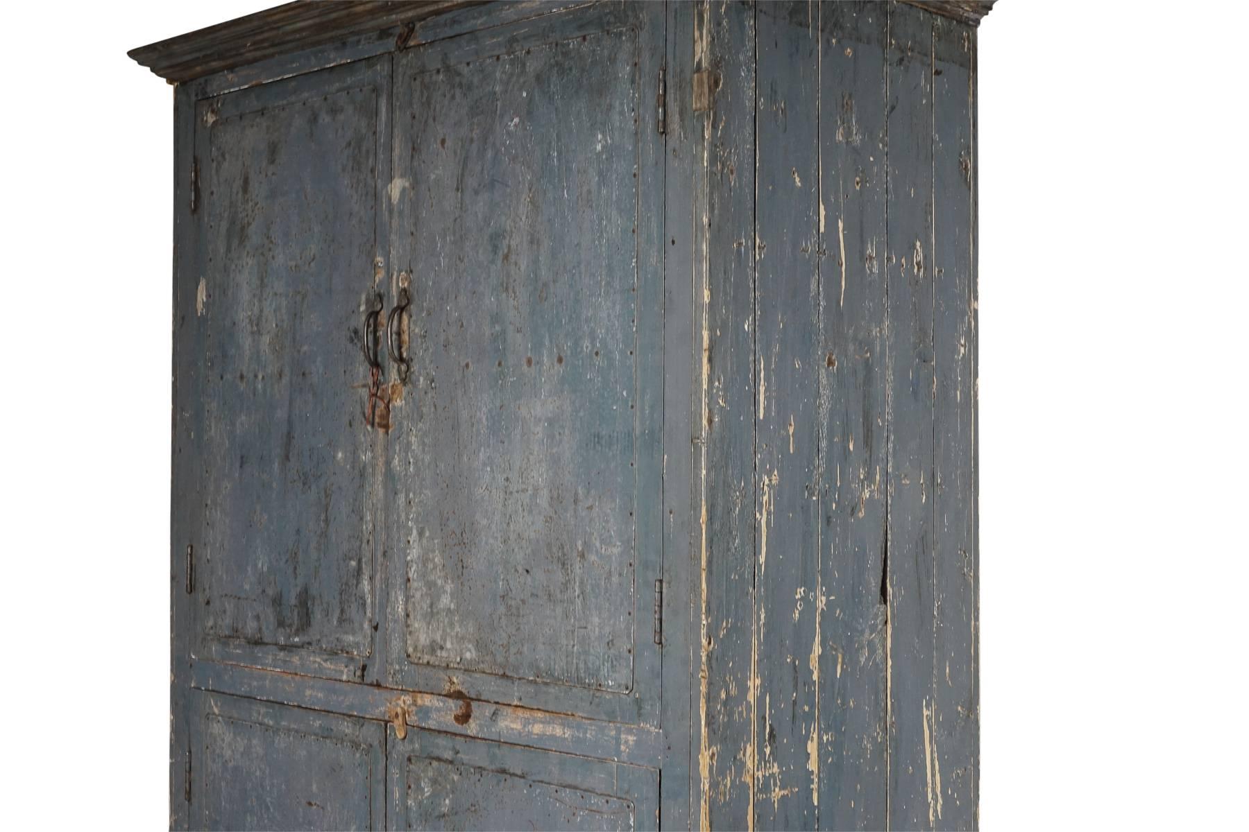 Mid-20th Century French Four-Door Cabinet in Original Blue Color