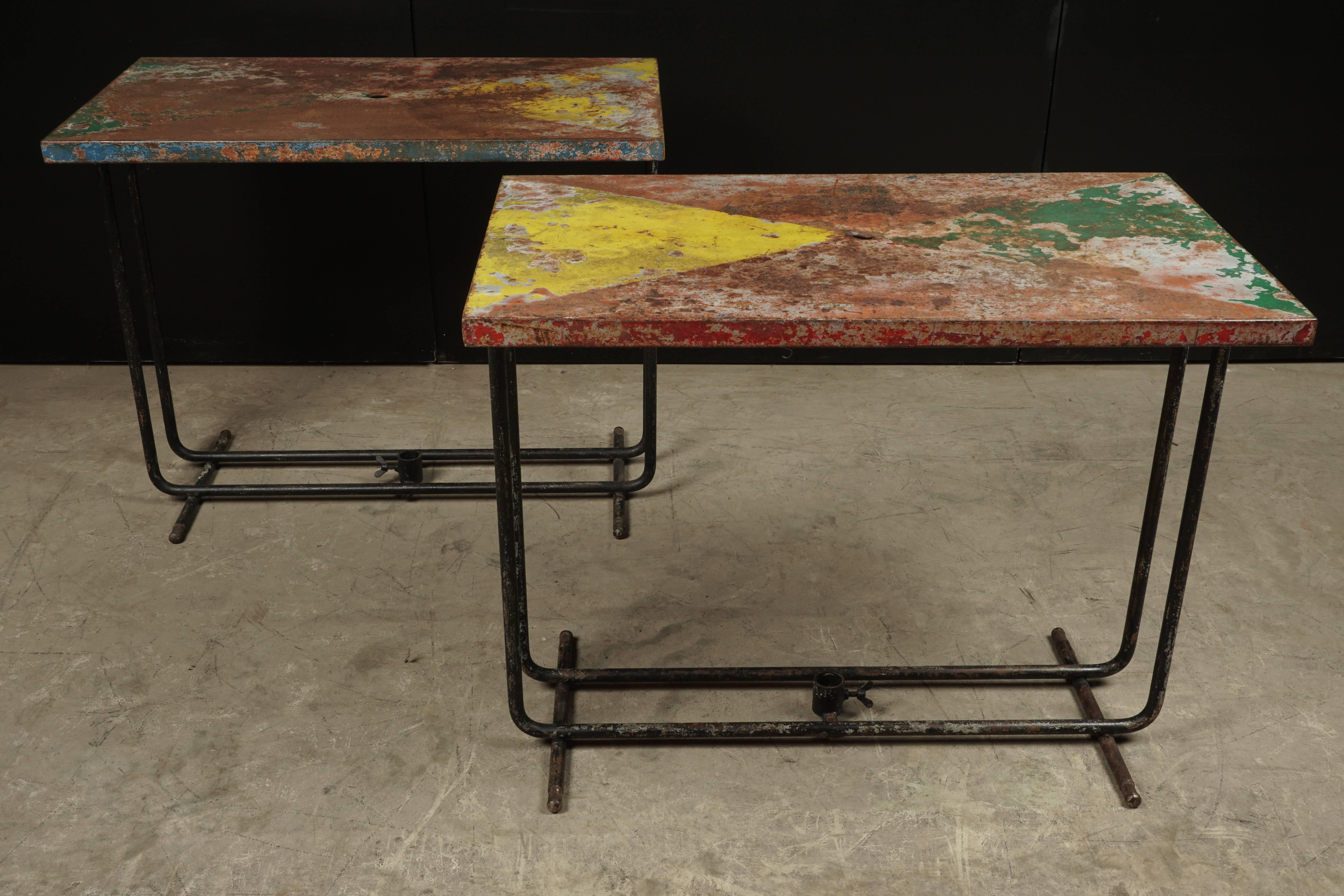 European Pair of French Bistro Tables in Original Paint, circa 1940