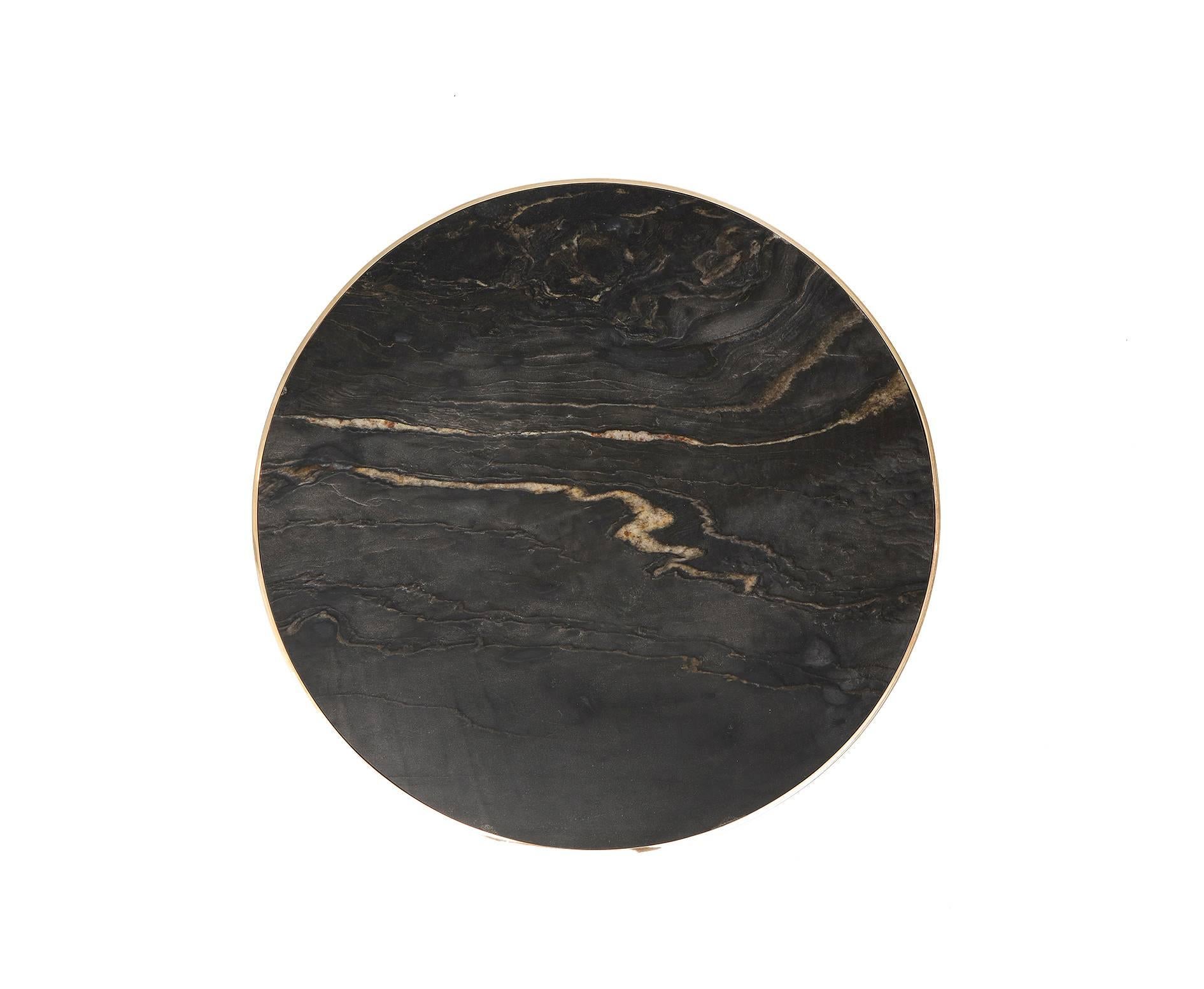 Fine contemporary table by Studio Gallet. 
Hand-hammered polished bronze + Classic black marble with textured leather finish.
Each piece is handmade in New-York.
Limited edition of 50 pieces.
Custom size available within two weeks.