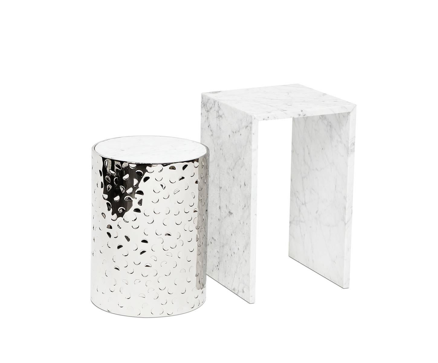 American BIAFO + AIALIK nesting tables - Hand-Hammered Stainless Steel + Marble  For Sale