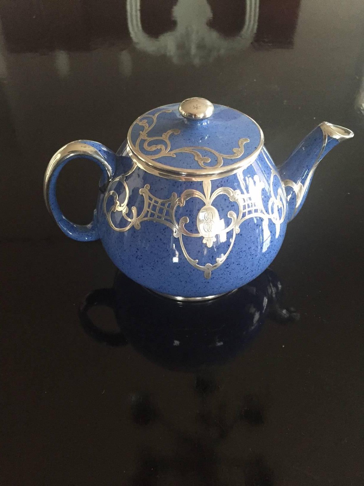 Other Moorcroft English Pottery Tea Service in Lapis Blue with Silver Overlay For Sale