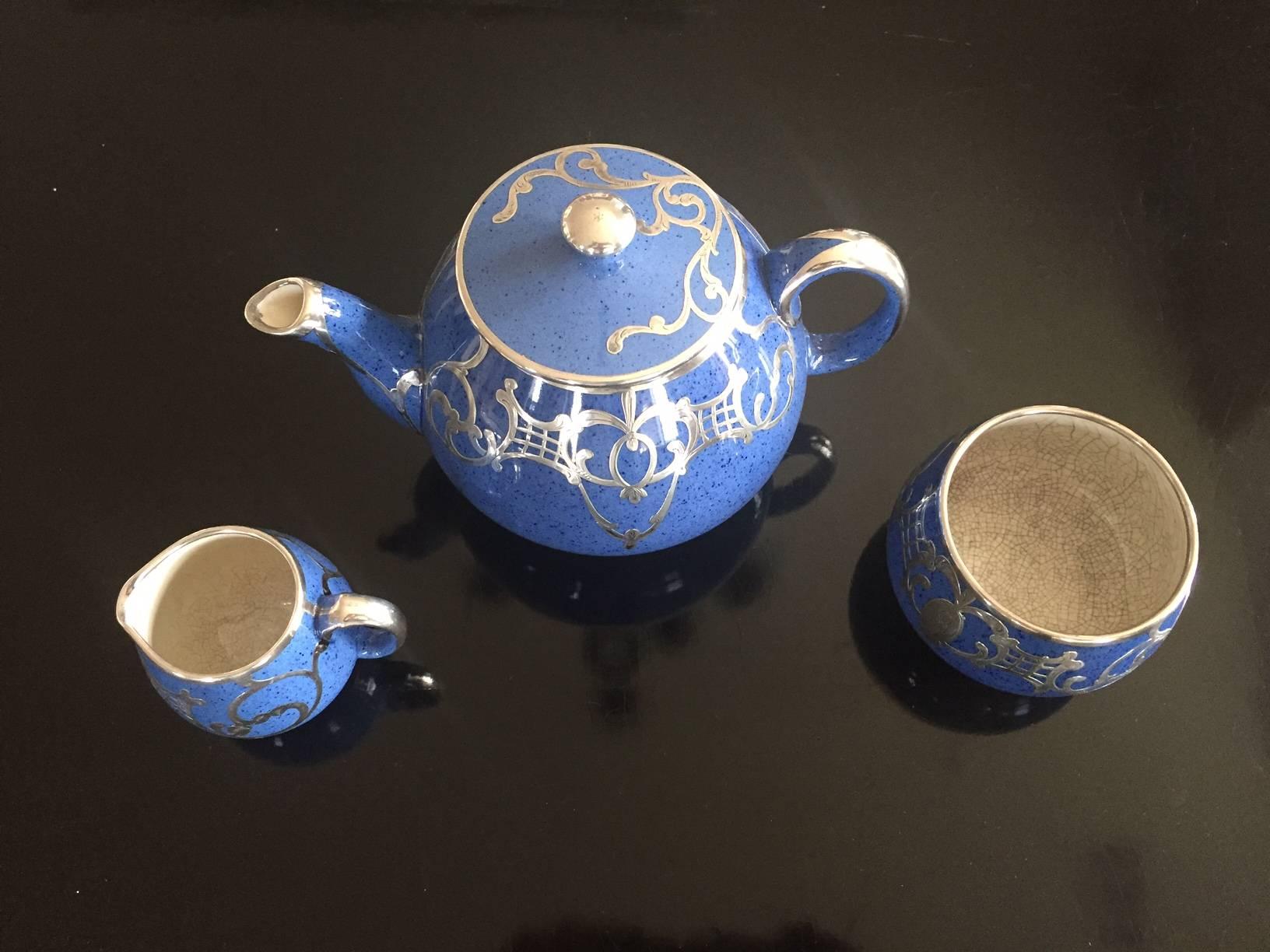 Moorcroft English Pottery Tea Service in Lapis Blue with Silver Overlay In Good Condition For Sale In Nashville, TN
