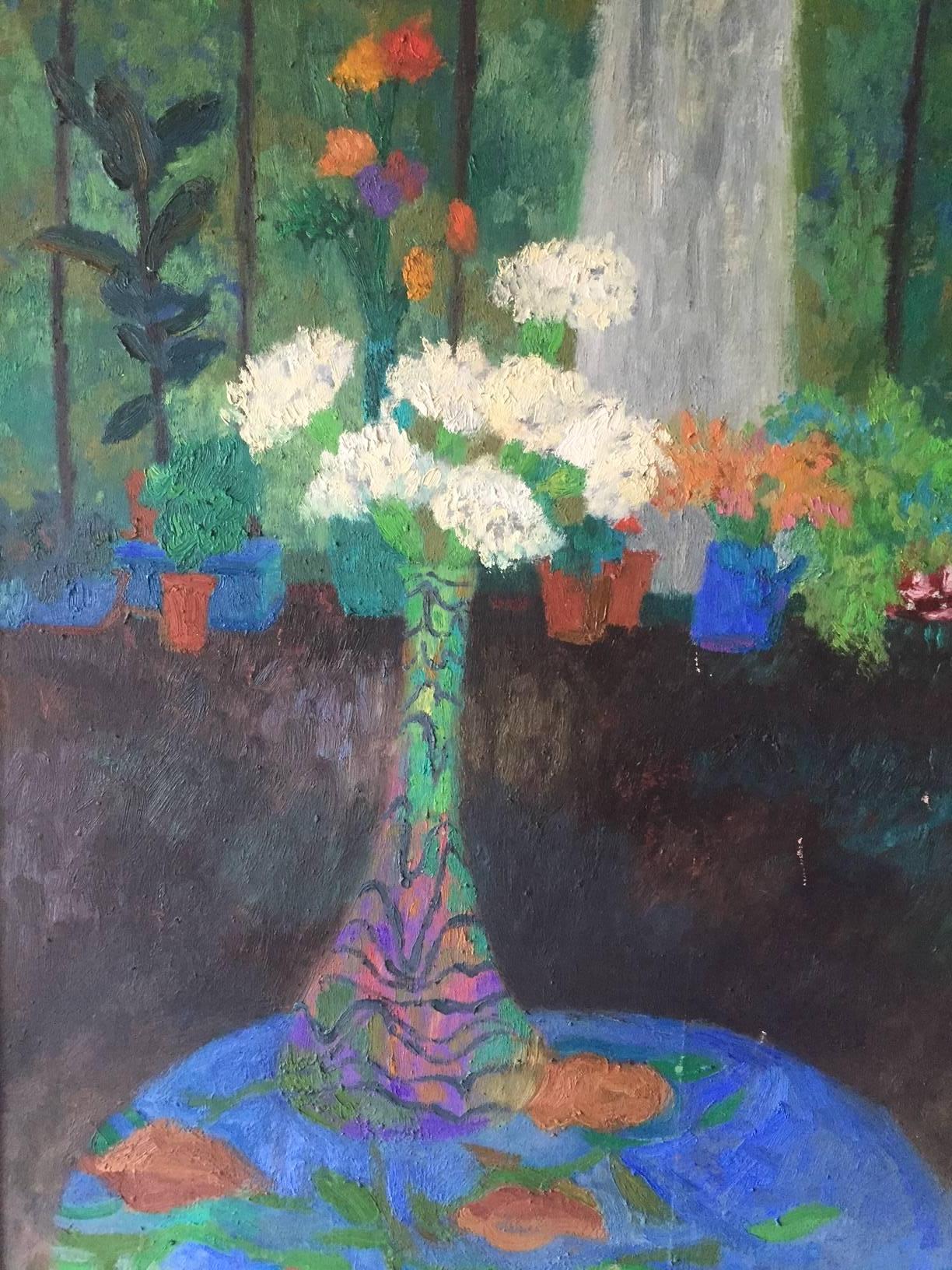 Mid-Century Modern Still Life Oil on Canvas of Vase with Flowers 
