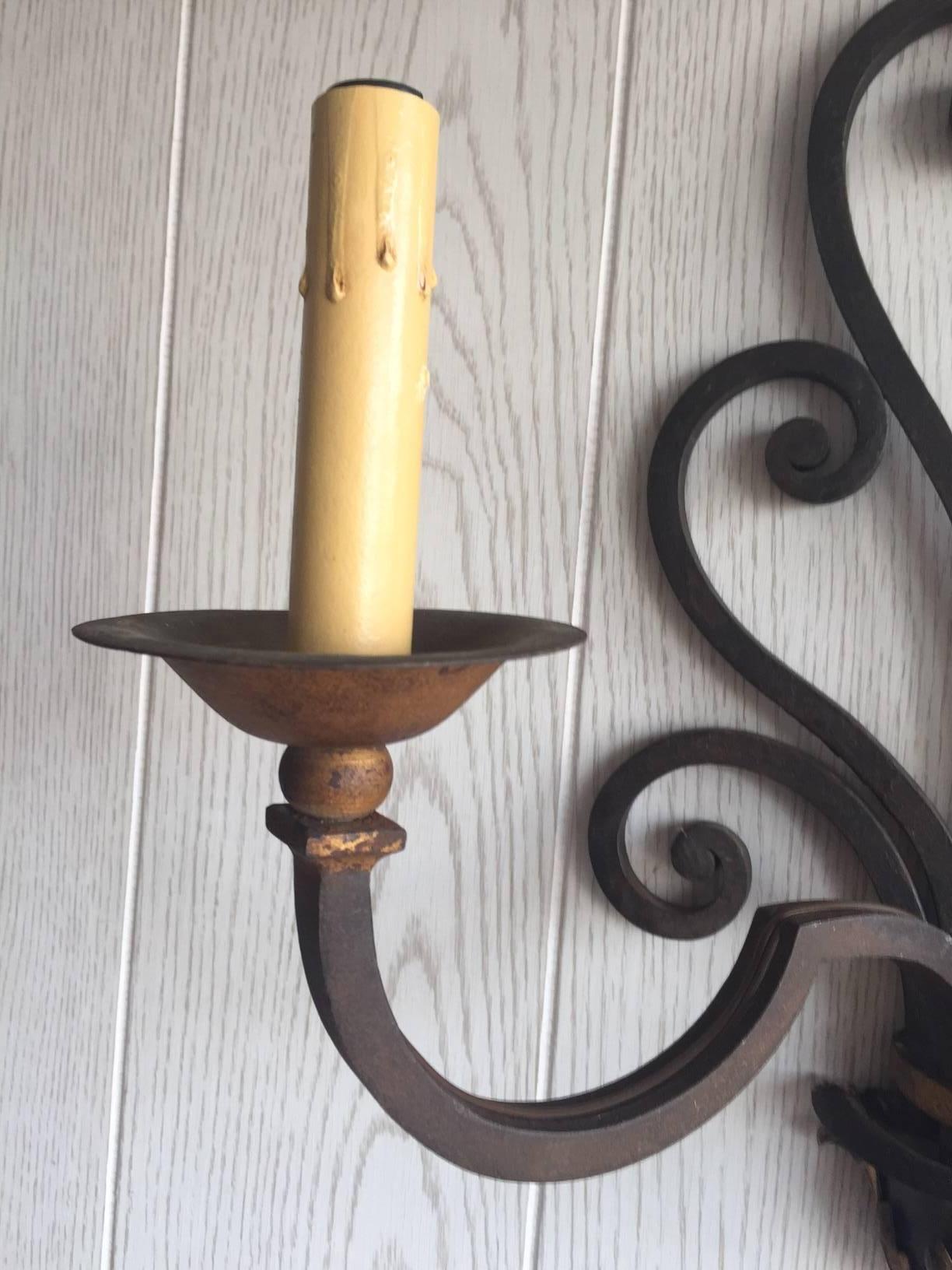 Pair of French Two-Arm Iron Sconces In Good Condition For Sale In Nashville, TN