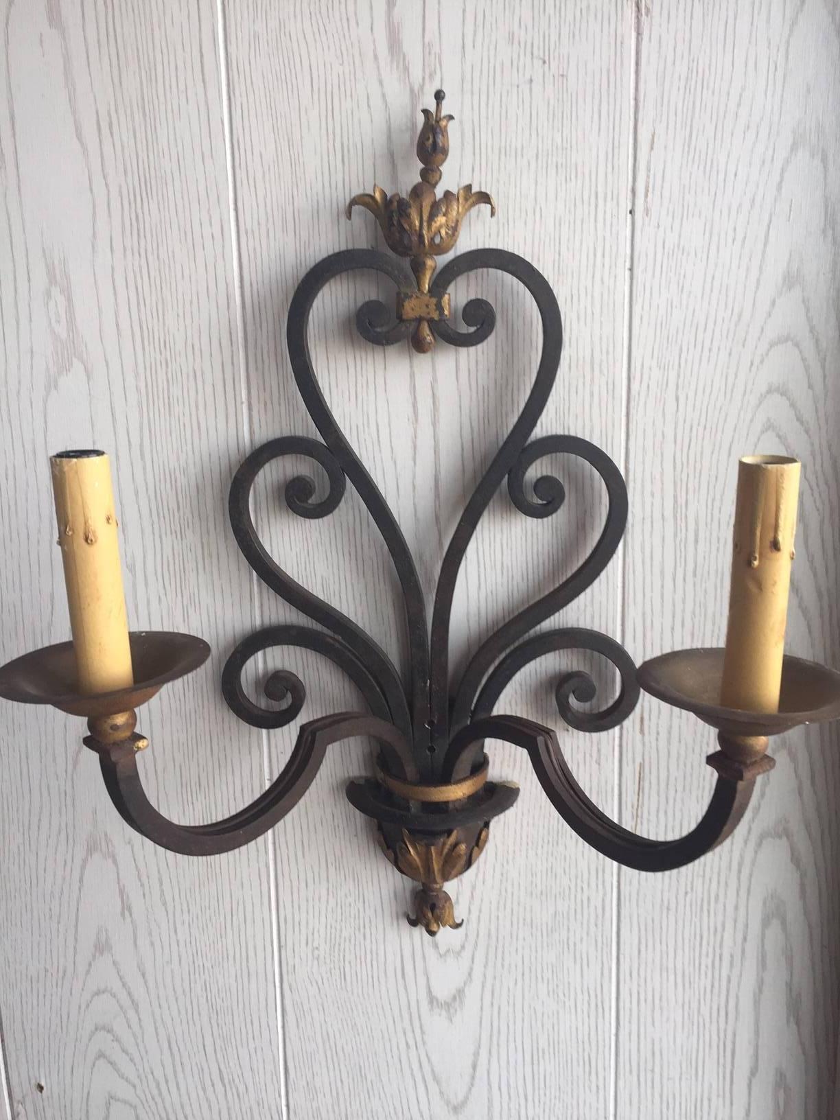 Pair of French Two-Arm Iron Sconces For Sale 1