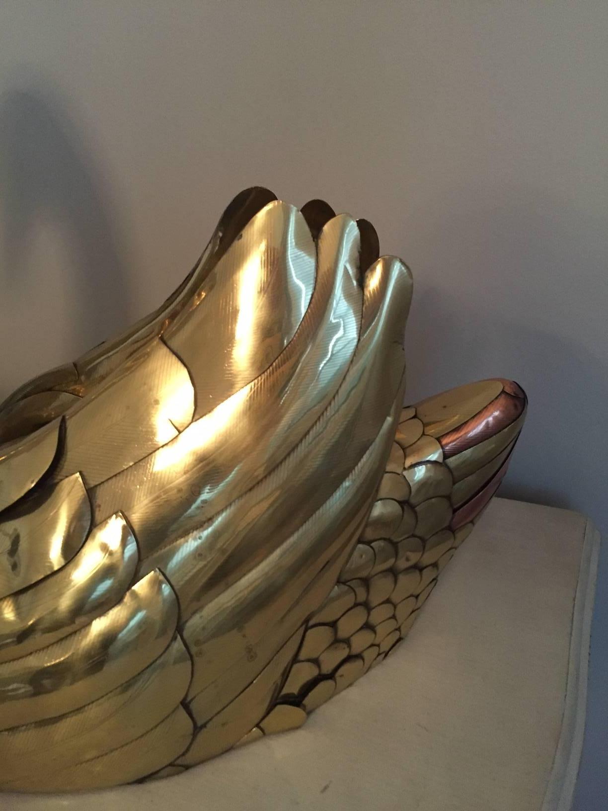 Mid-20th Century Mid-Century Brass Sculpture Swan Attributed to Sergio Bustamante For Sale
