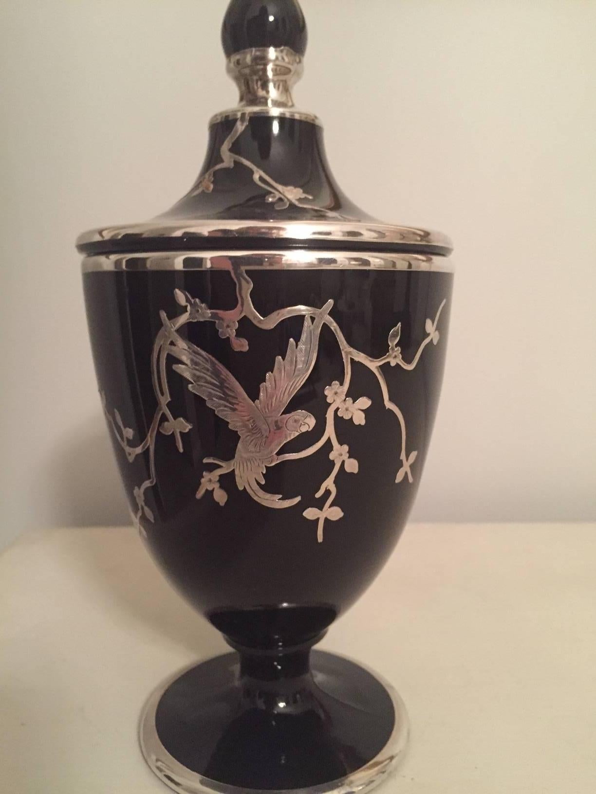 Rockwell Sterling Silver Overlay Black Lidded Glass Urn For Sale 1