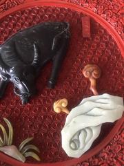 Pair of Cinnabar Lacquered Plates with Hardstone Mounts