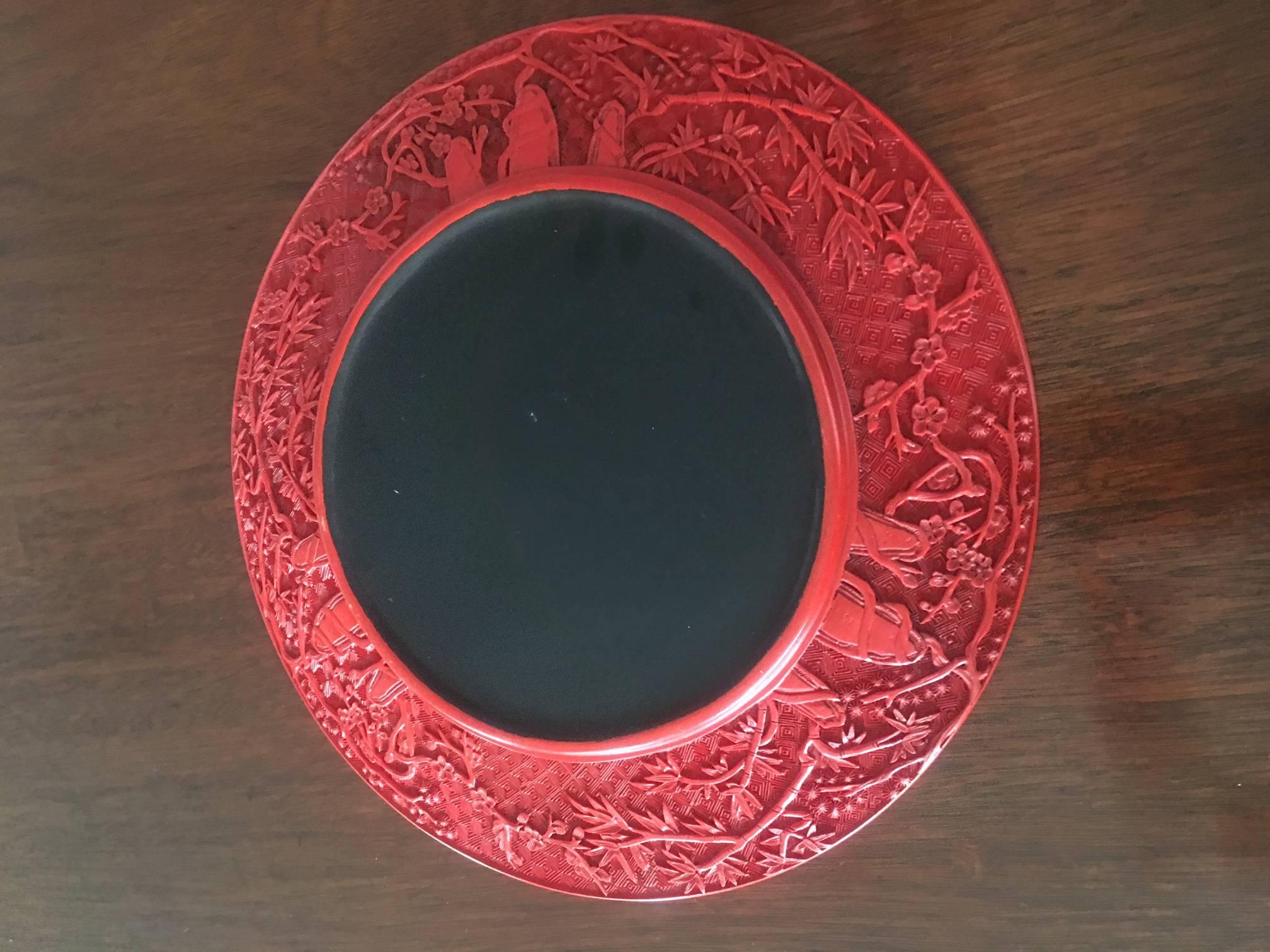Pair of Cinnabar Lacquered Plates with Hardstone Mounts In Good Condition In Nashville, TN