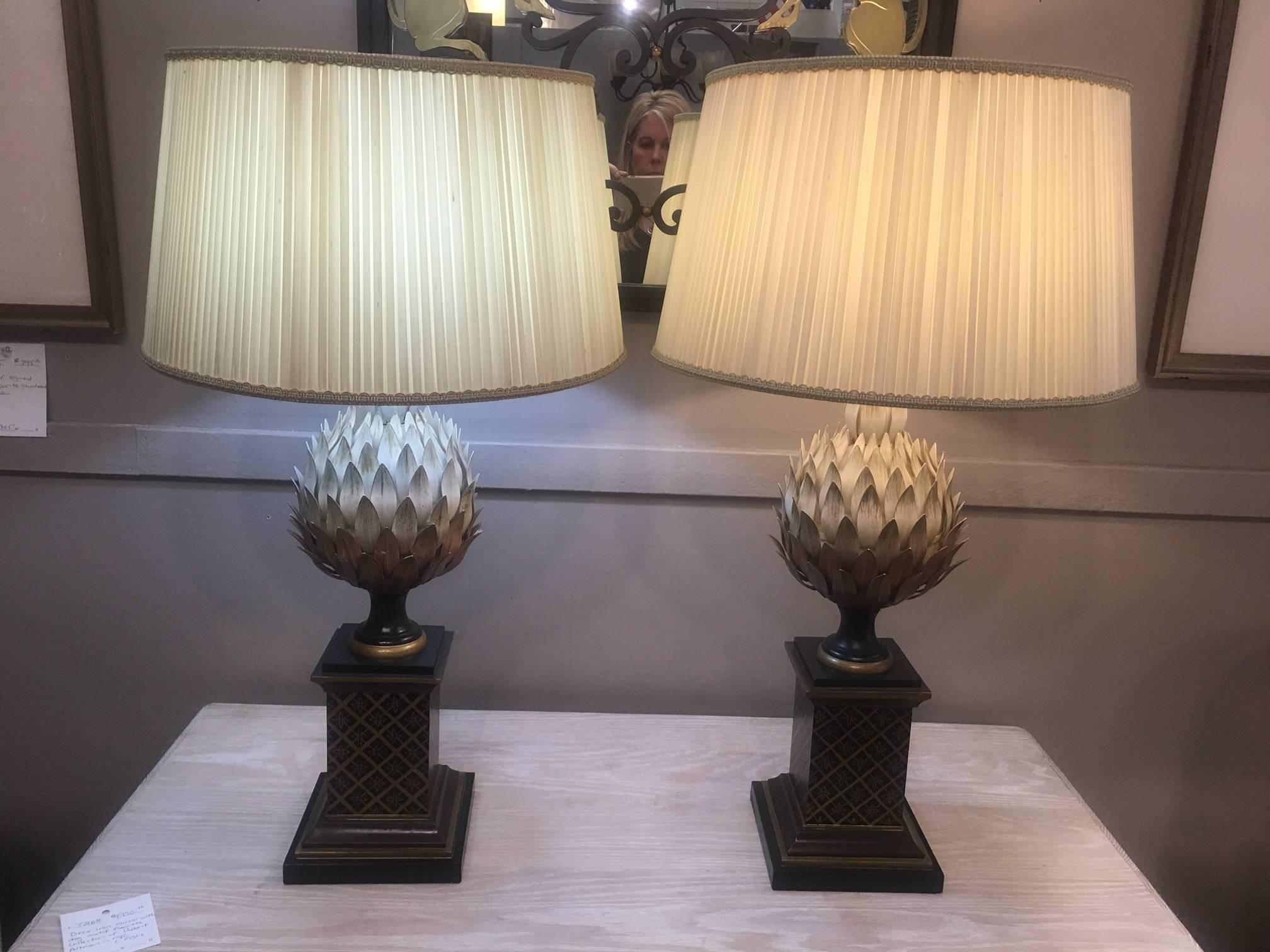 20th Century Pair of Painted Tole Artichoke Lamps
