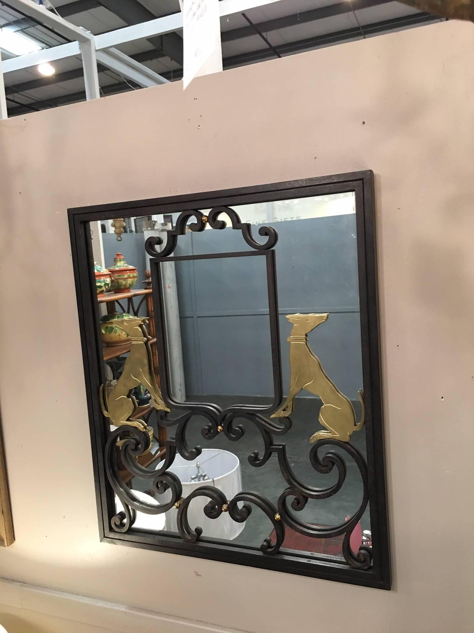 Art Deco Iron Mirror with Brass Dogs In Good Condition In Nashville, TN