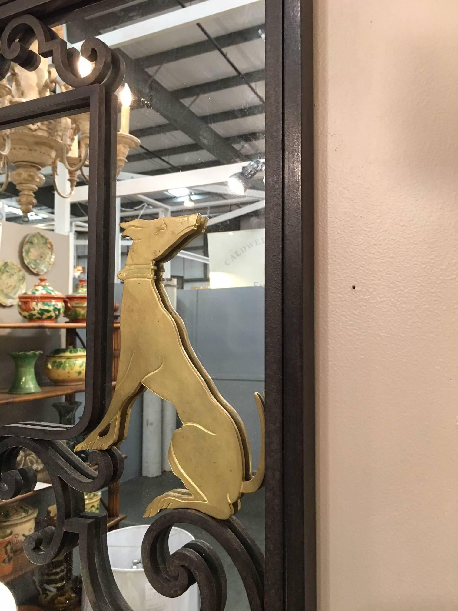 French Art Deco Iron Mirror with Brass Dogs