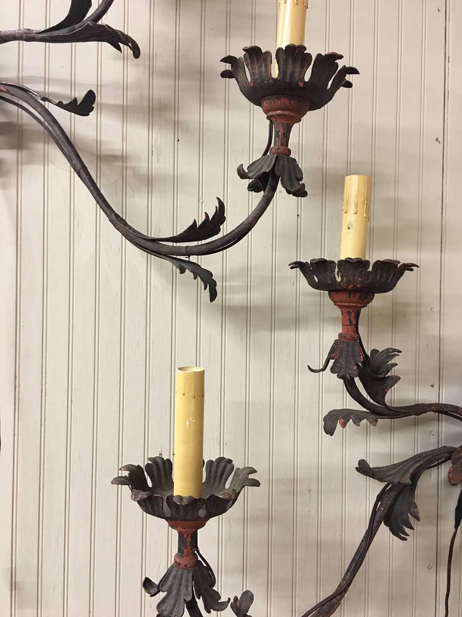 Rococo Pair of 19th Century Italian Painted Iron Electrified Sconces