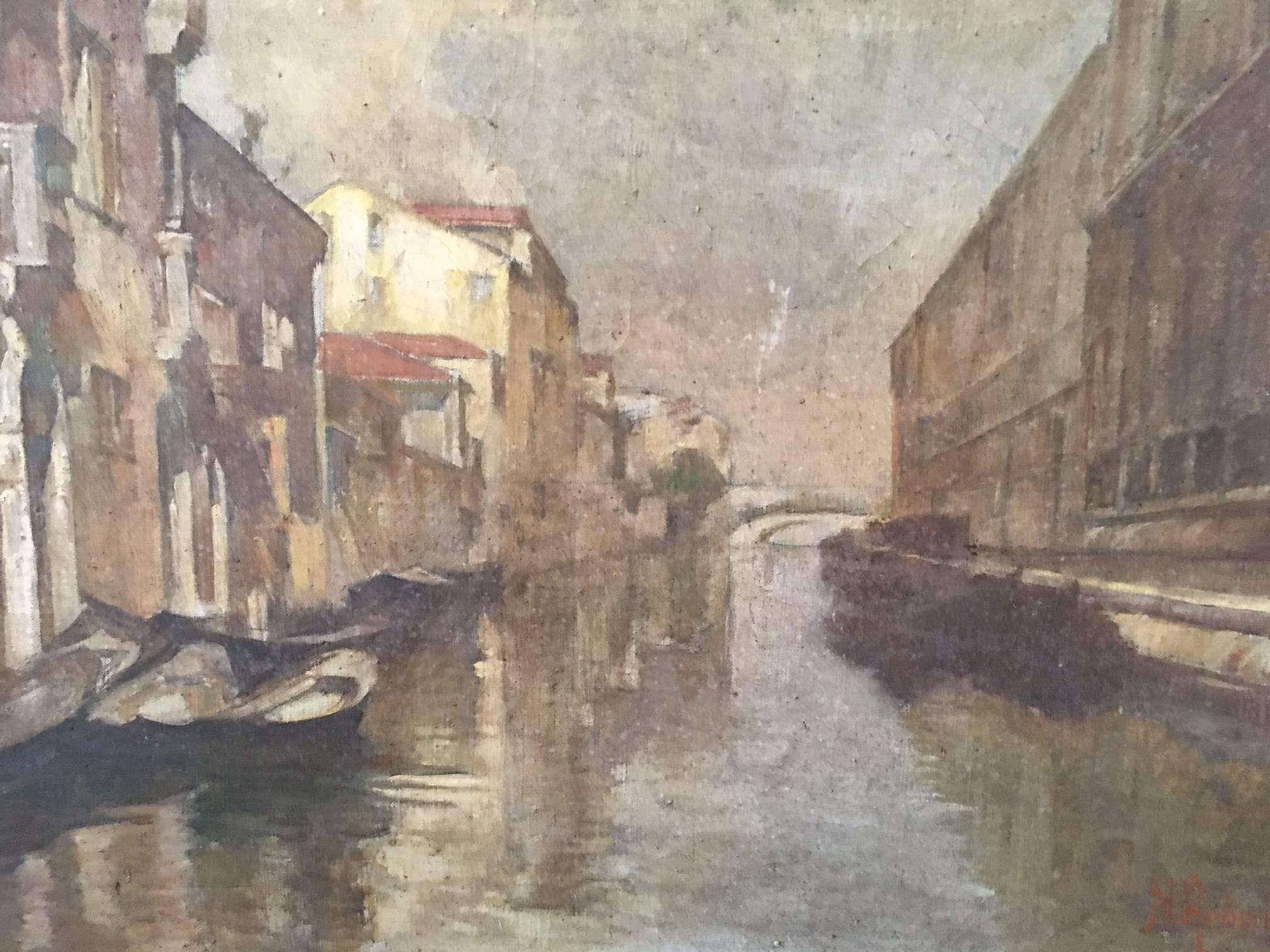 20th Century Italian Oil on Canvas Painting of Venetian Canal For Sale