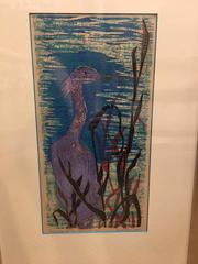 Mid-Century Woodcut by Swedish American Artist Daga Ramsey Titled "Blue Heron"