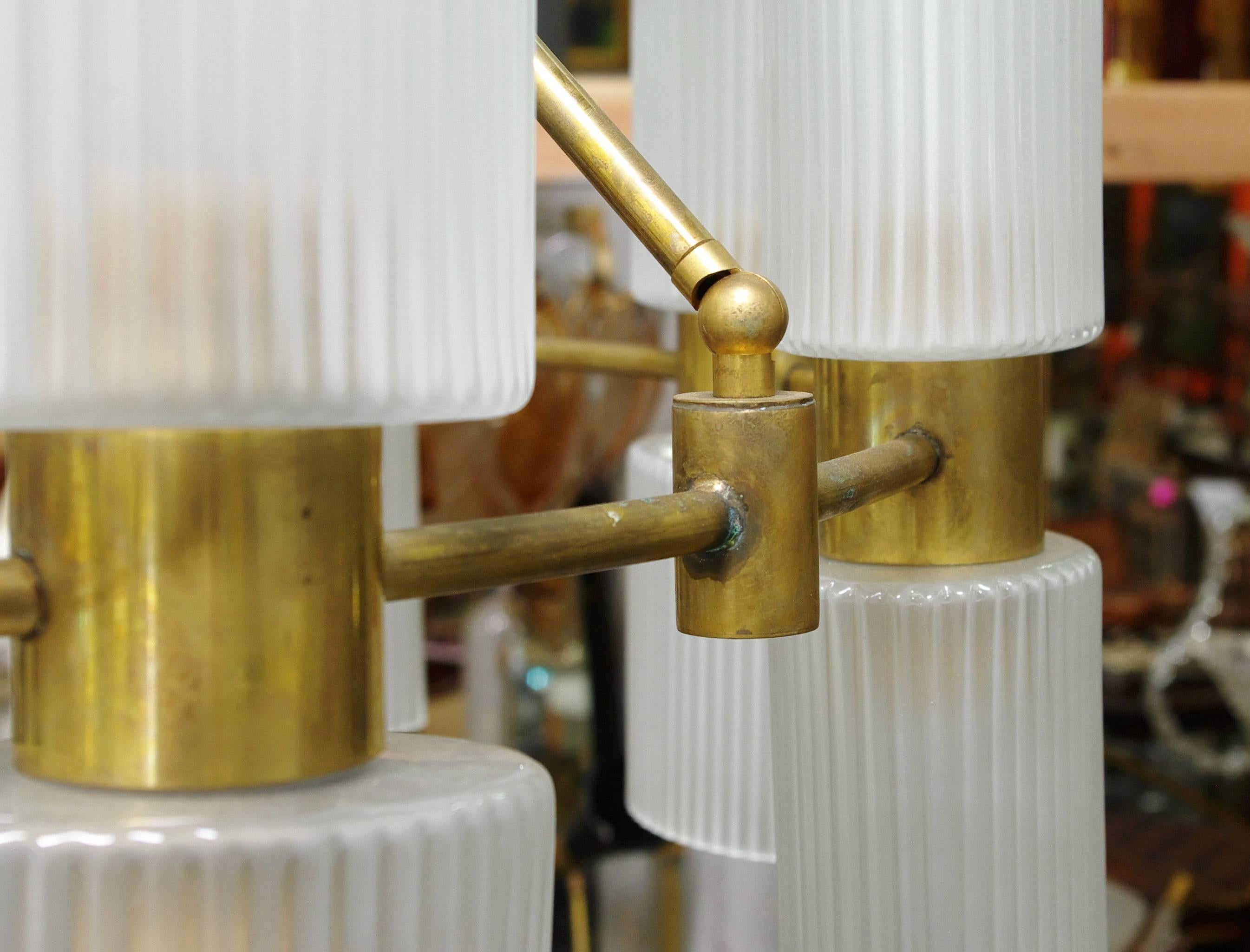 Frosted Italian Brass Chandeliers with Ribbed Murano Glass Shades